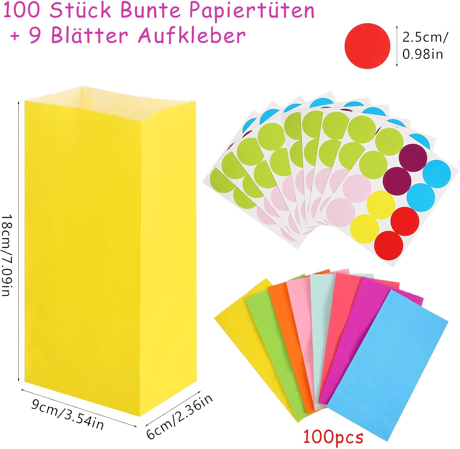 Thumbnail 1 de XREE 100 bunte Papiertüten (18 x 9 x 6 cm) inkl. 108 Aufklebern – kleine Geschenktüten für Kindergeburtstag & Co.