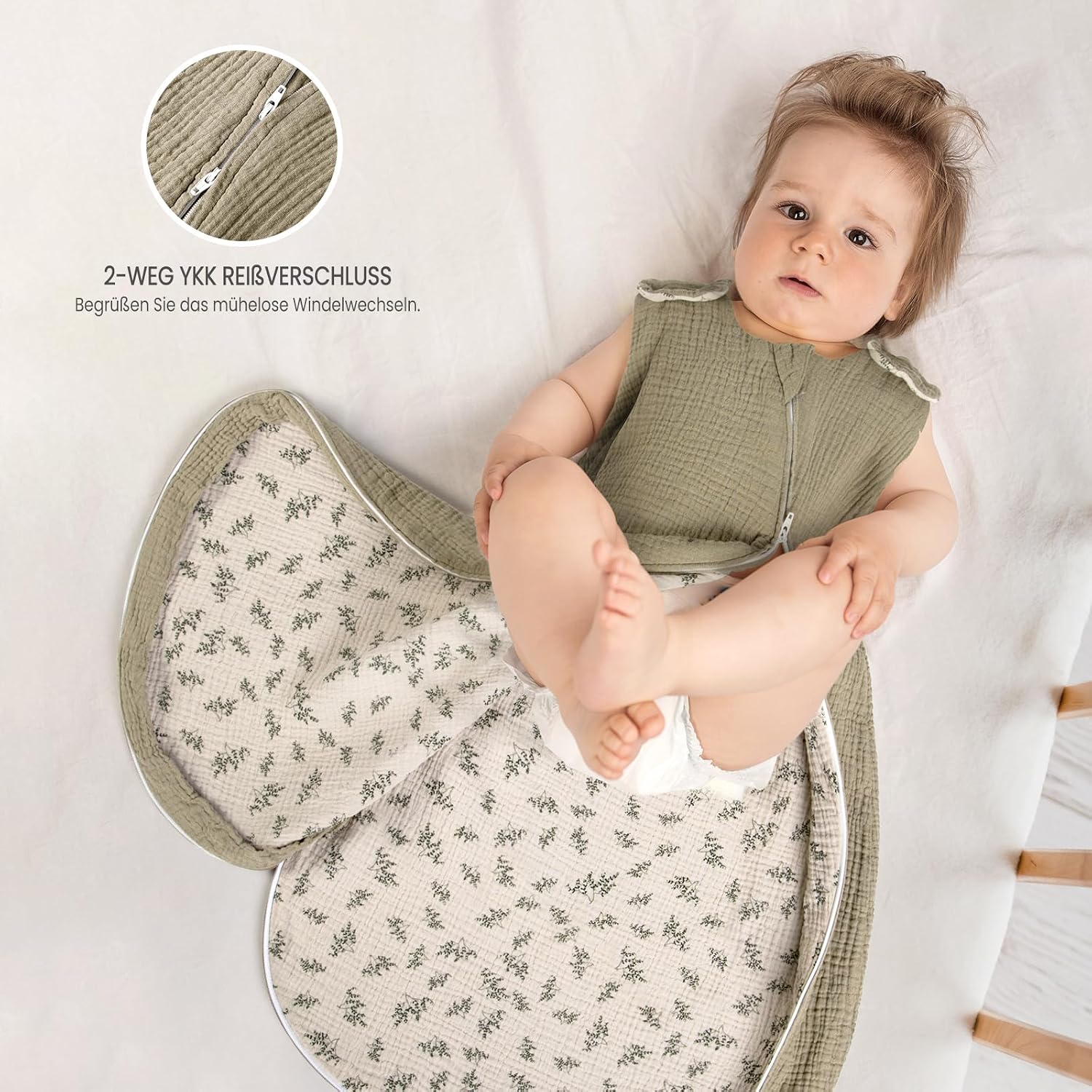 Detalle de lulumoon Baby-Schlafsack (3–9 Monate) aus Musselin – doppellagig, Baumwolle, TOG 0,7, YKK-Reißverschluss