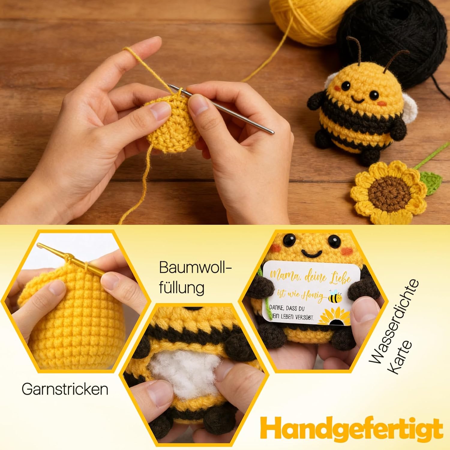 Thumbnail 3 de Farbeele Geschenkset: Positive Sonnenblumen-Biene als Schlüsselanhänger und handgefertigte Bienenfigur