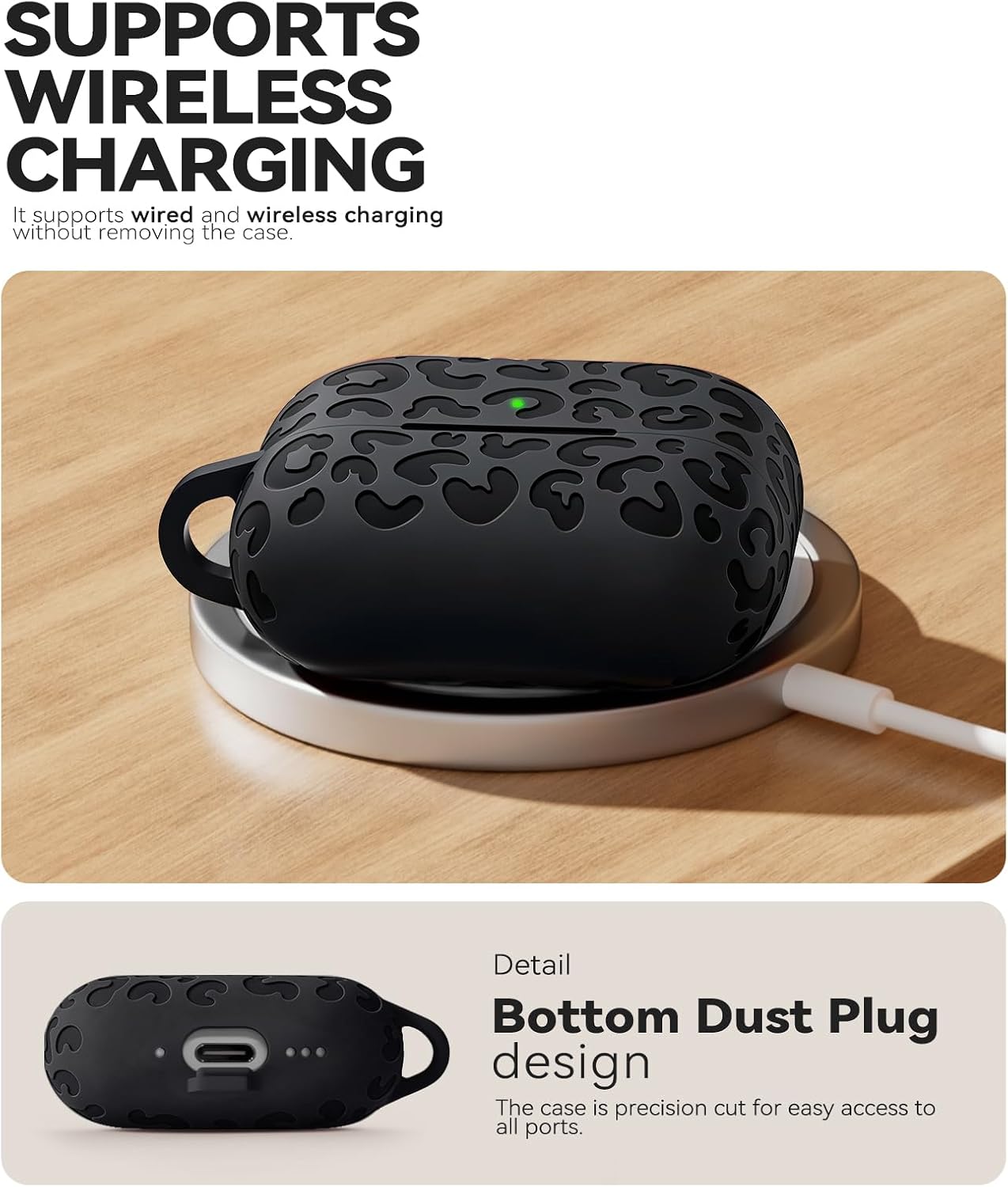 Detalle de MCTOPZO Leopard Carving Silicone Case for AirPods 4 (2024) USB‑C with Keychain & 3‑in‑1 Cleaning Kit (Black)