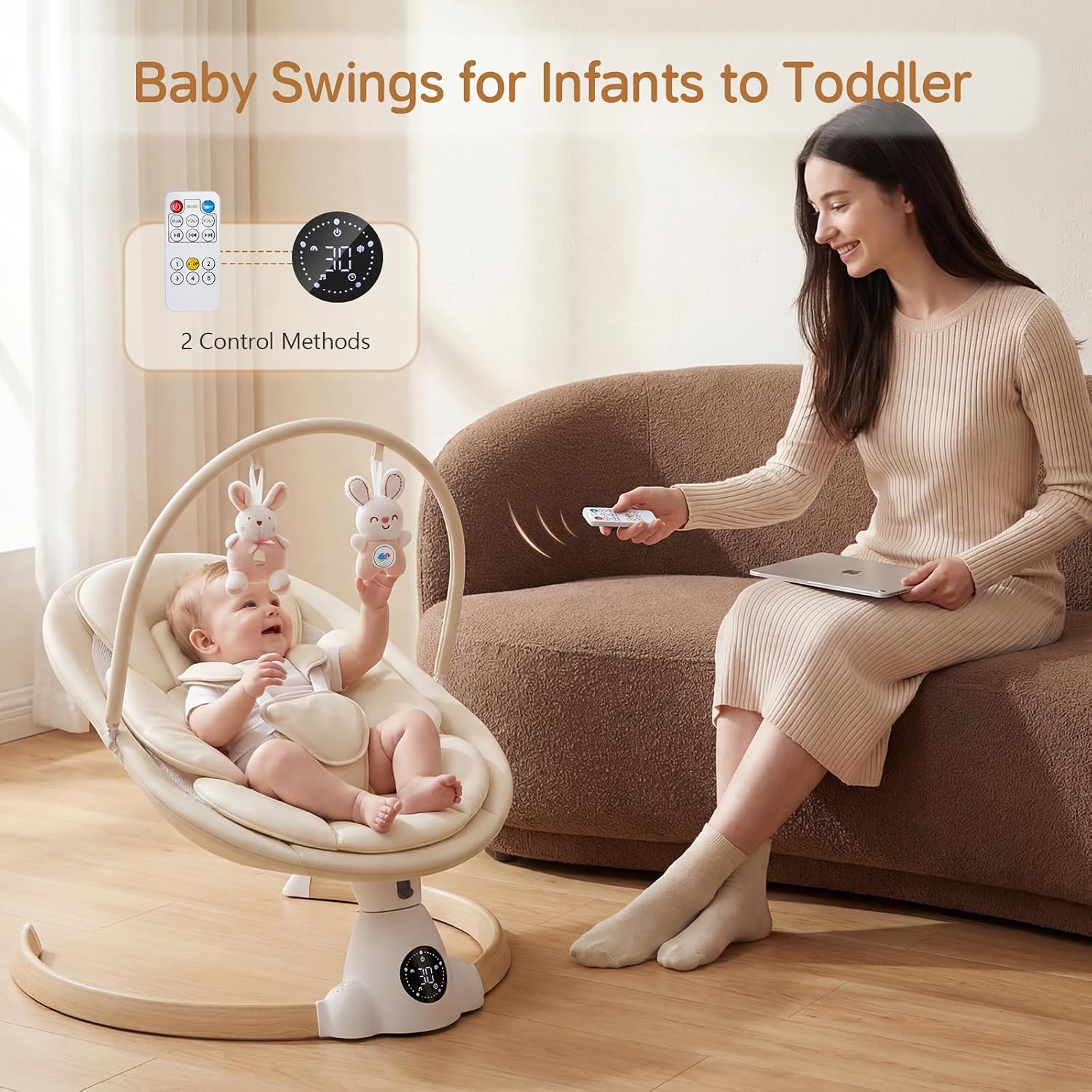 Detalle 2 de Ansha Baby Portable Electric Infant Swing, Beige, Bluetooth and 5-Point Harness