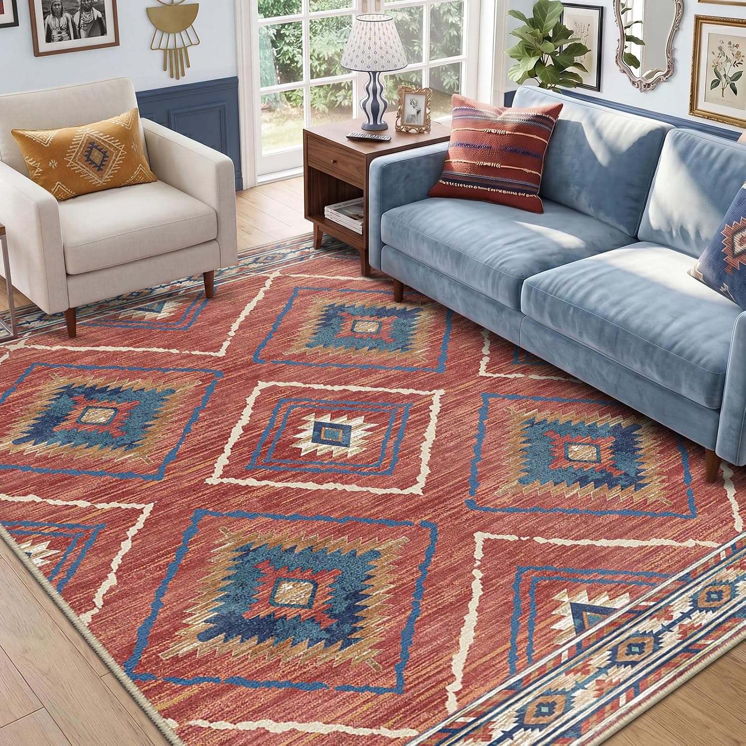 Detalle de Area Rug 5x7 | Machine Washable, Non-Slip, Low Pile Tribal Western Pattern (Red/Orange)