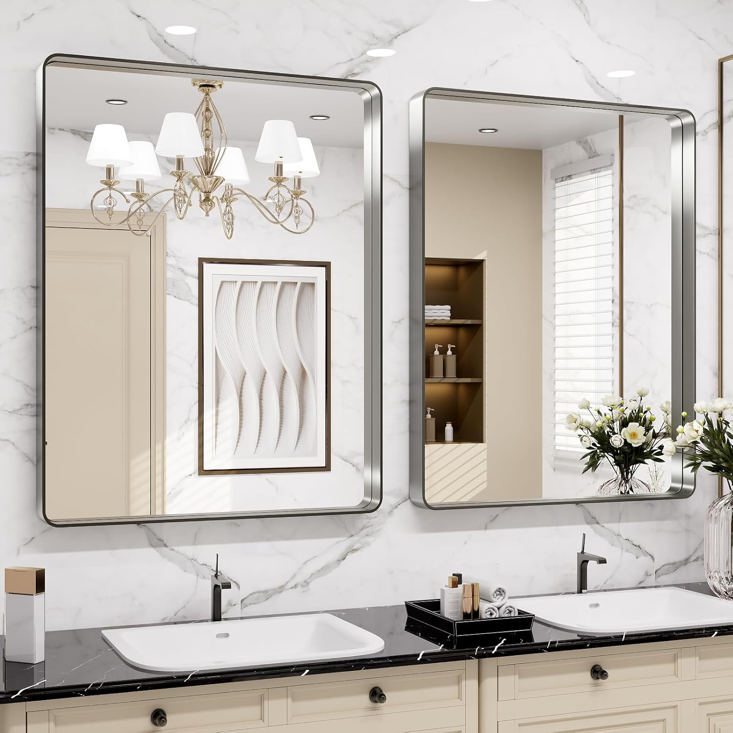 Thumbnail 3 de LOAAO 24x36 Brushed Nickel Bathroom Mirror (Rounded Rectangle) — Clear, Anti-Rust Metal Frame