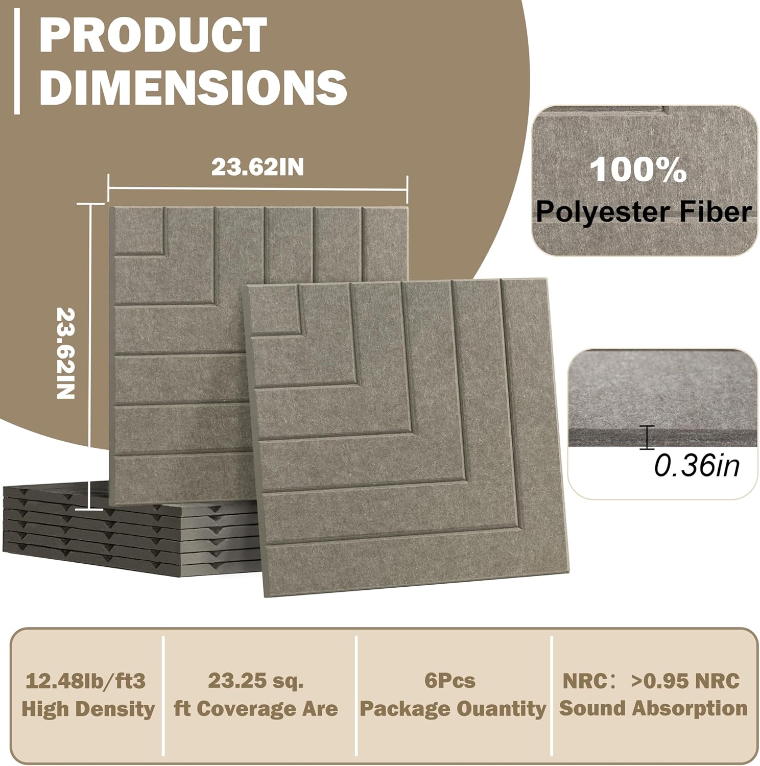 Detalle de KERRAM Geometric Acoustic Wall Panels, 6-Pack, 24 x 24-Inch, Brown