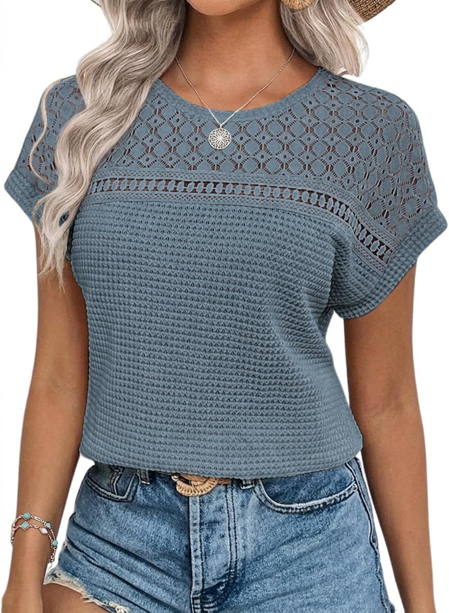 Thumbnail 6 de Chicrise Damen Bluse Elegant Kurzarm Spitzenoberteil – Häkel Rundhals Sommer