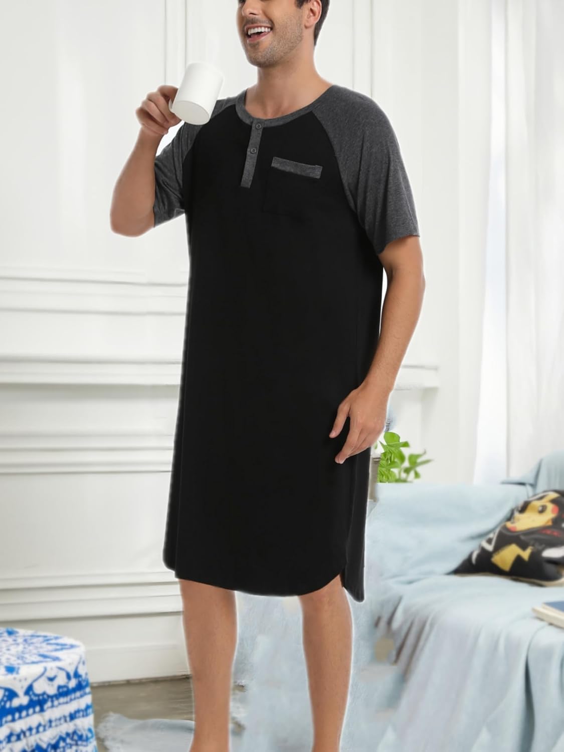 Thumbnail 2 de Enjoyoself Men’s Cotton Short Sleeve Pyjama Tops Long Nightshirts