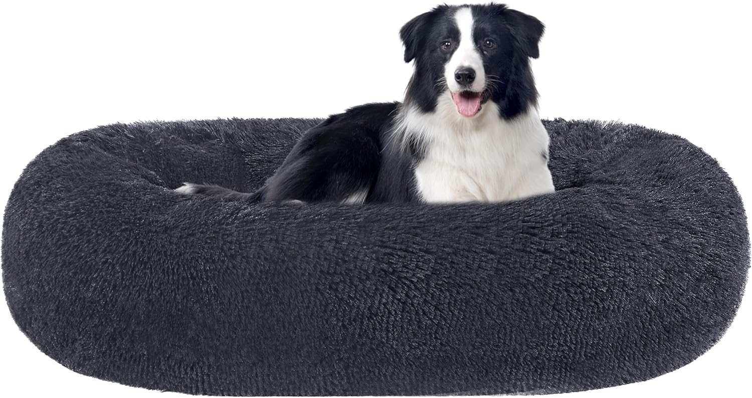 Detalle de HMTOPE Orthopädisches rundes Hundebett (Donut) – waschbarer Kuschelkob, 90 cm Ø, dunkelgrau