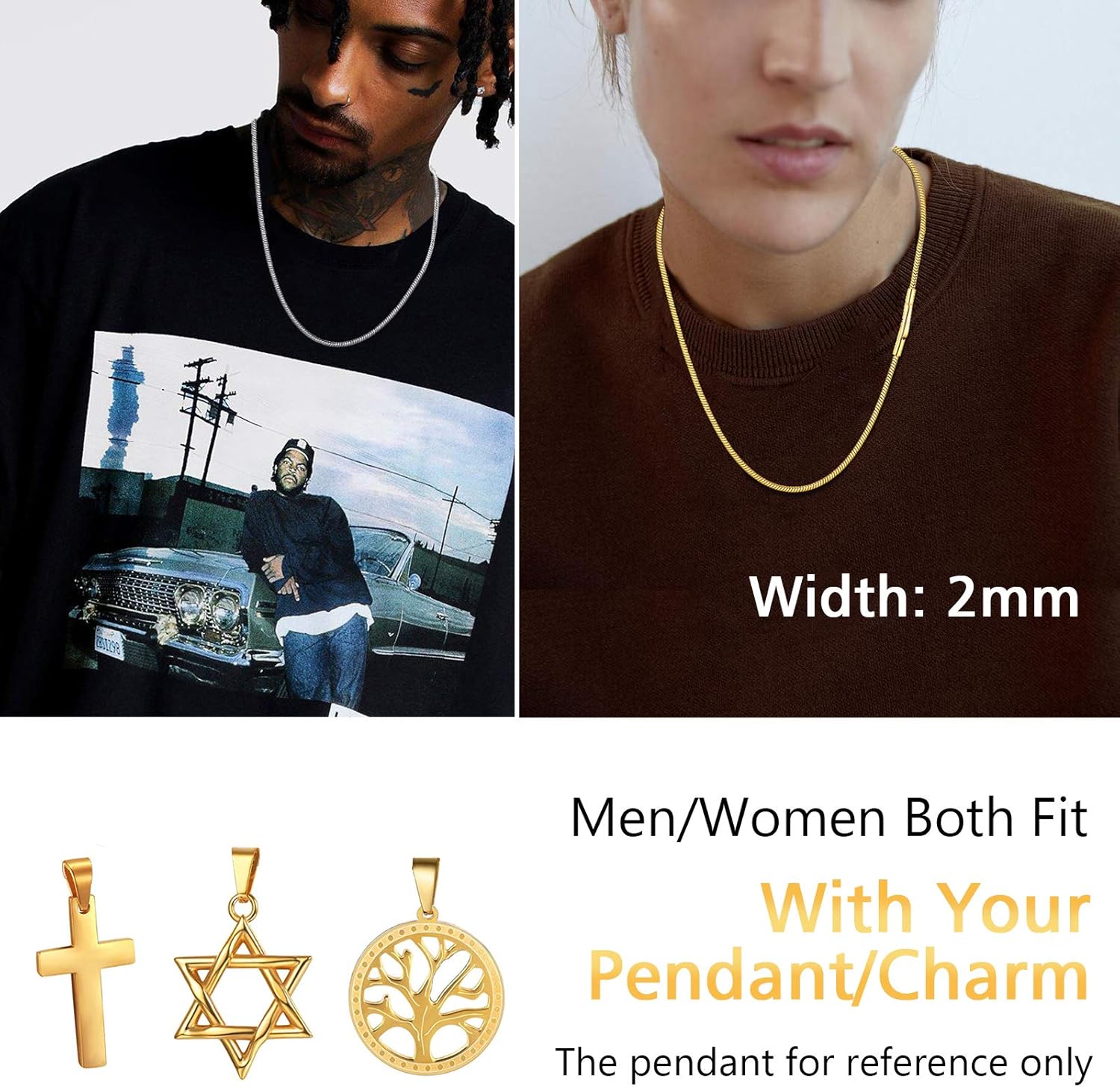 Thumbnail 1 de PROSTEEL Collier chaîne serpent en acier inoxydable (2 mm) avec fermoir clip, platine