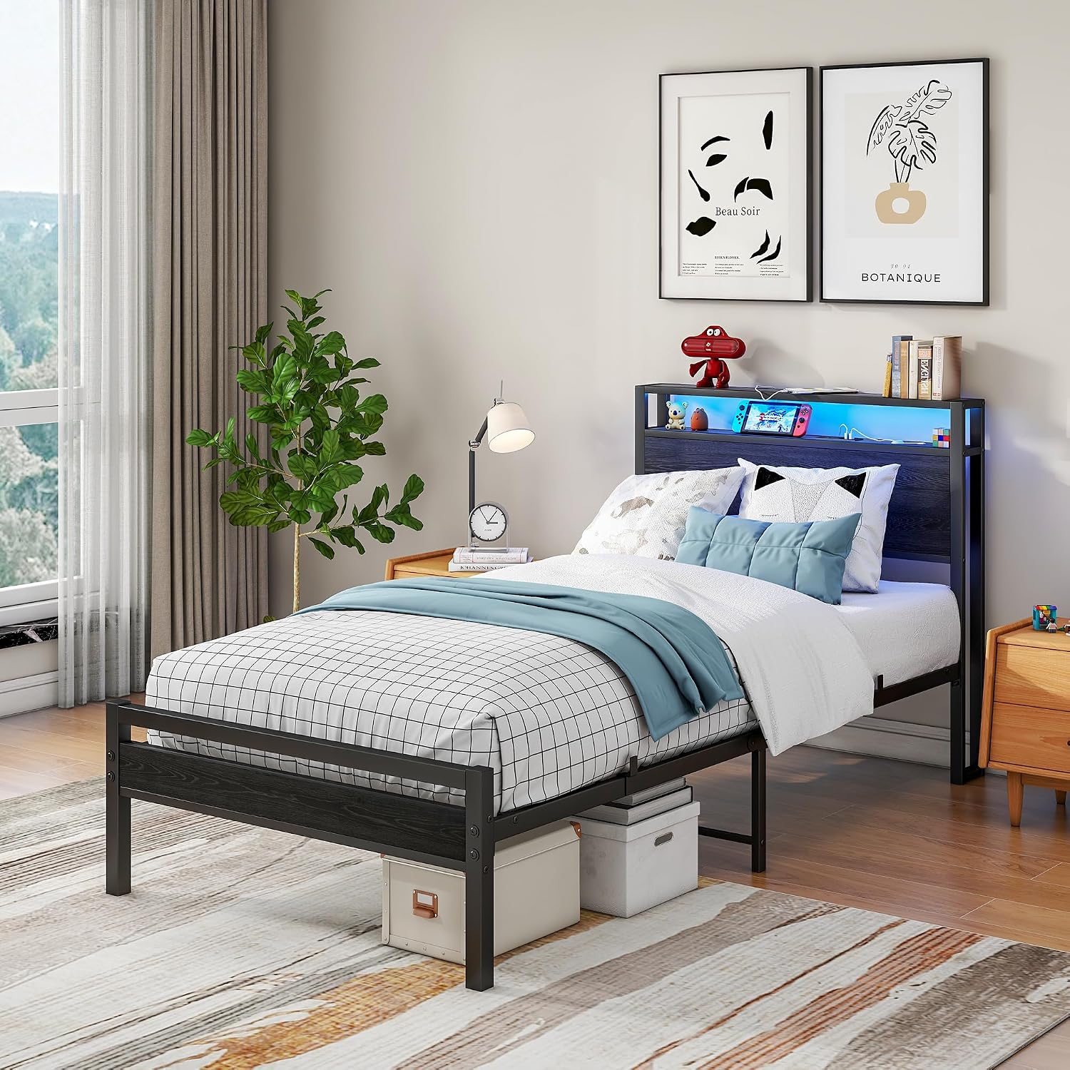 Detalle de BORPHOM Letto in metallo e legno 90x200 cm con ricarica USB-C e vano portaoggetti