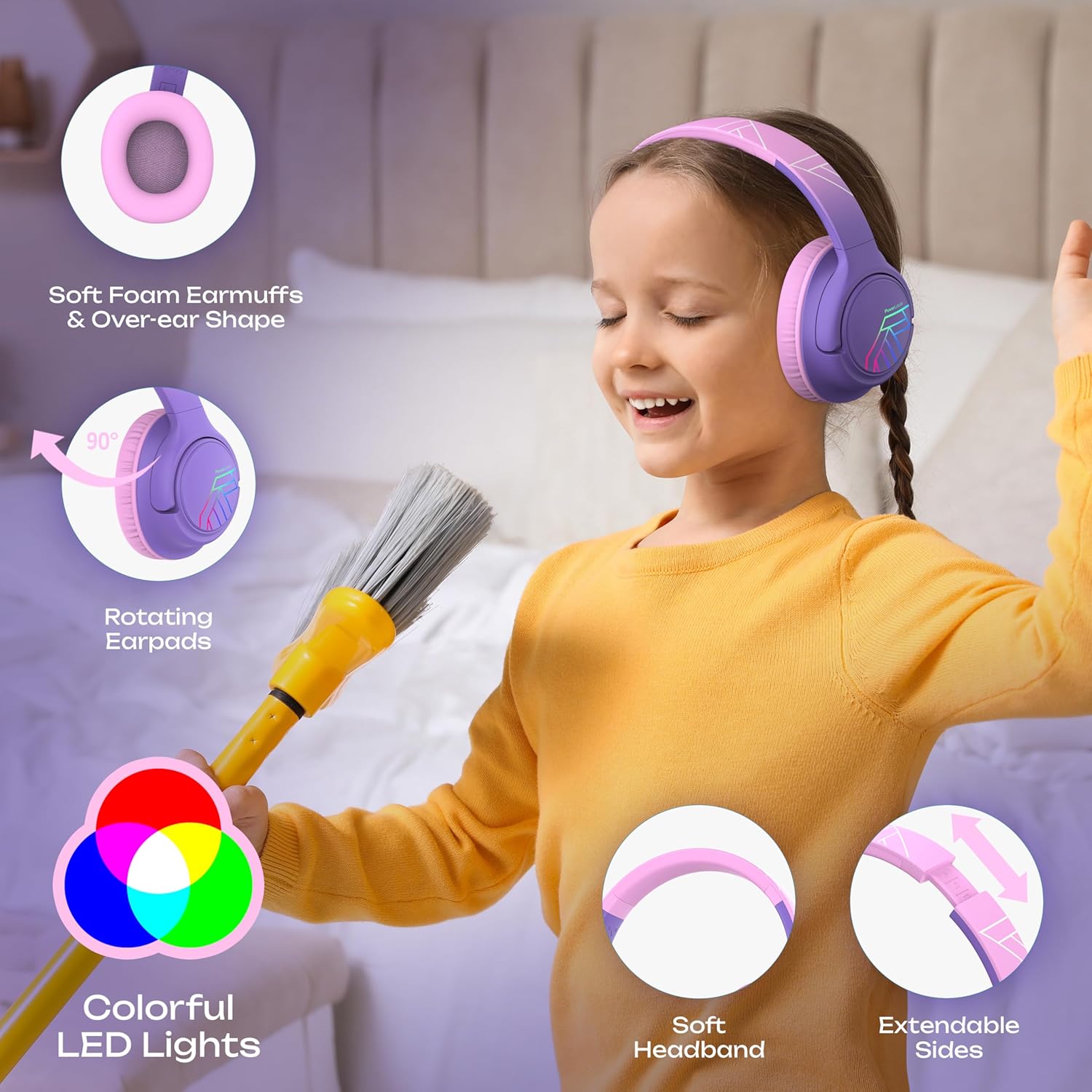 Thumbnail 4 de PowerLocus Casque Audio Enfant — Bluetooth 5.3, 74/85/94dB, LED, Partage et 45 h d’autonomie