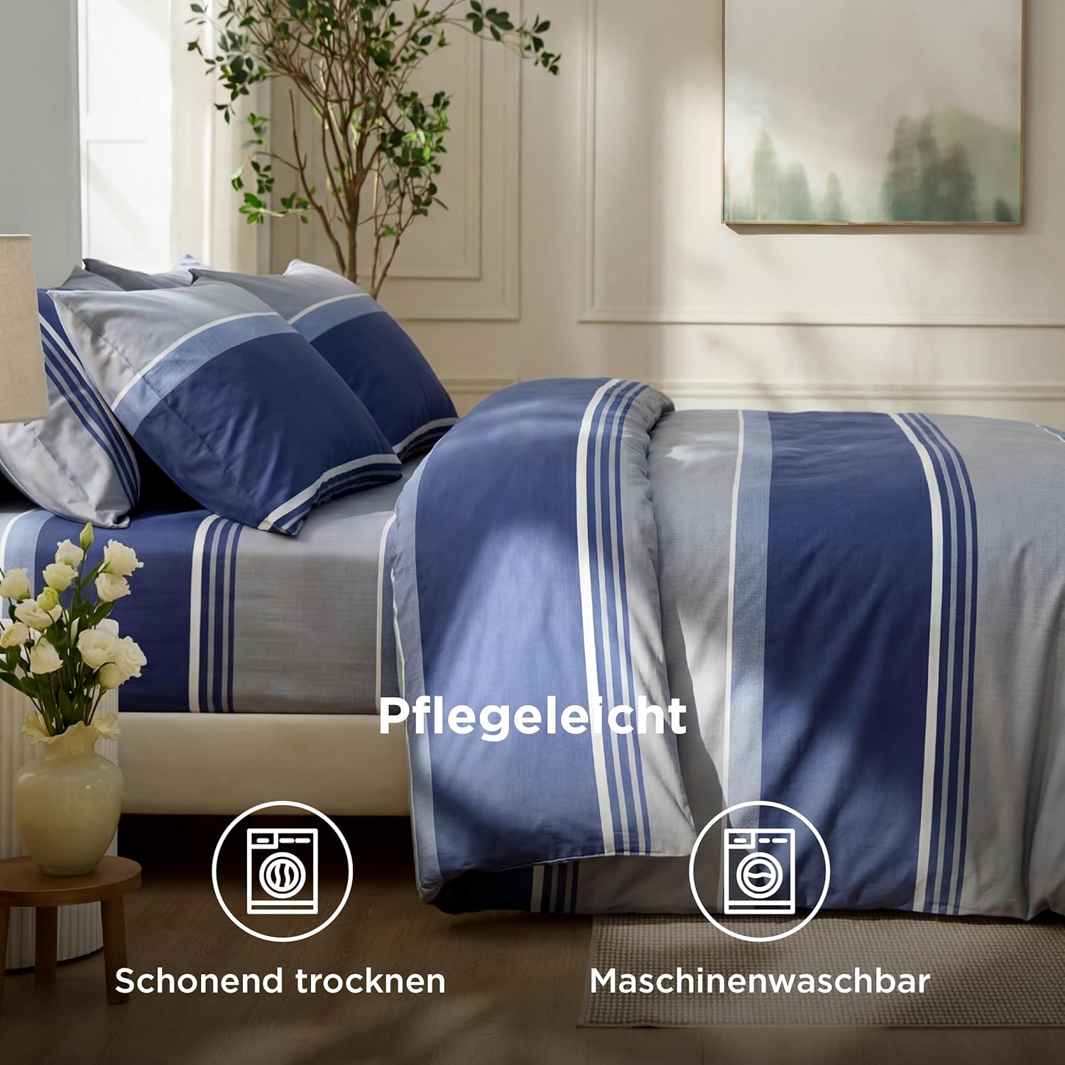 Thumbnail 6 de BEDSURE Bettwäsche 200x200 Baumwolle – 3-teiliges Set mit Reißverschluss, 80x80 Kissenbezüge, OEKO-TEX, Blau Streifen