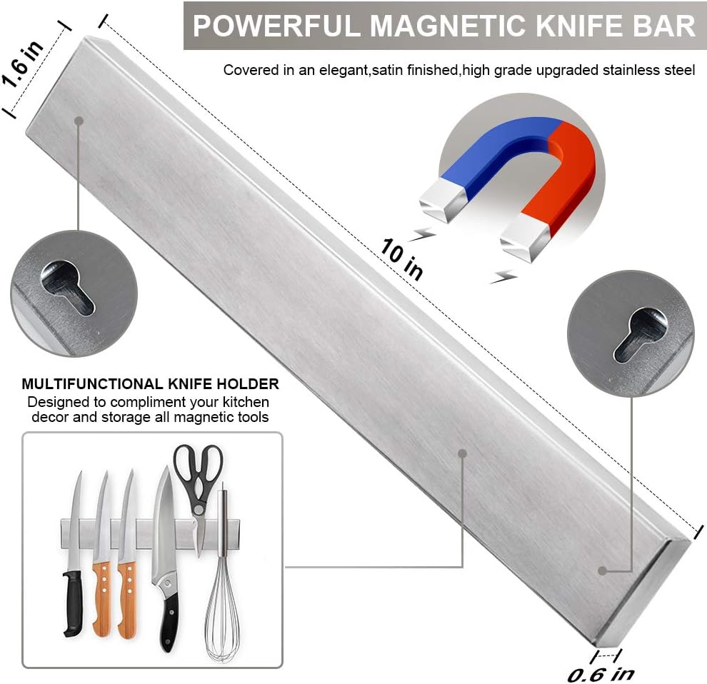 Detalle de Ninonly DJ-10-TO Magnetic Knife Holder, 10-Inch Stainless Steel Wall Mount
