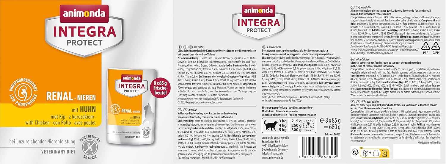 Detalle de animonda INTEGRA PROTECT Renal Katzenfutter Nass mit Huhn – Diätfuttermittel bei Niereninsuffizienz (8 x 85 g)