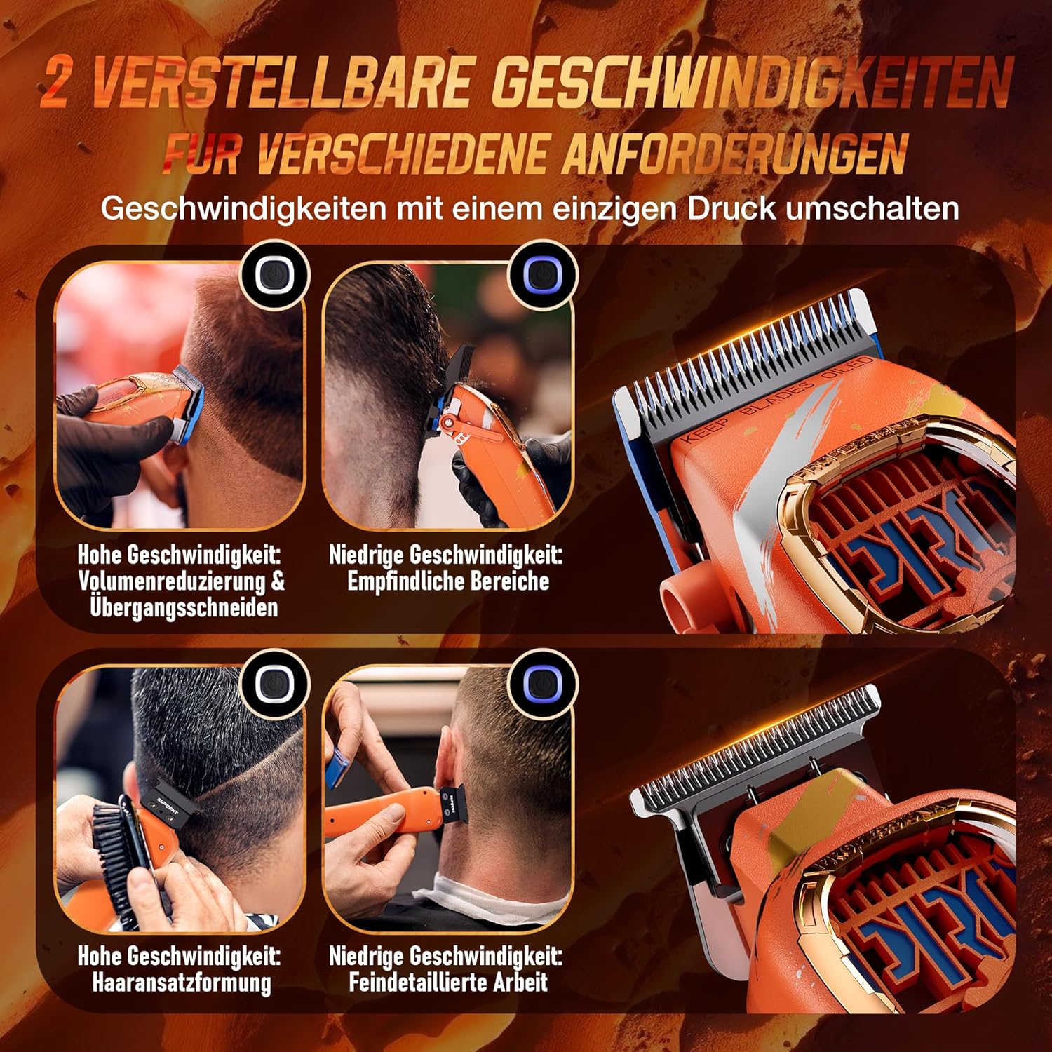 Thumbnail 6 de SUPRENT Sandstorm professioneller Herren-Haarschneider mit 8.500 U/min, Zero-Gap T-Blade & Titan-Klingen (blau/Orange)