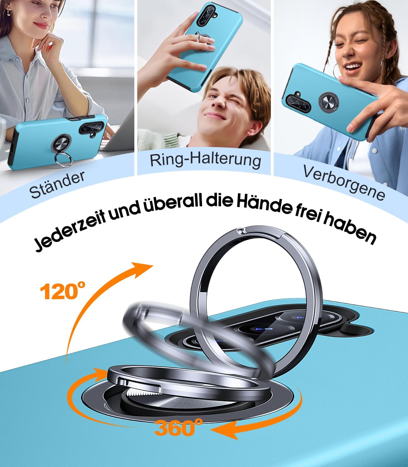 Detalle de AOUIA Hülle für Samsung Galaxy A17 5G – 2 Panzerfolien, 360° Ringständer, Militärschutz, Sierra Blau
