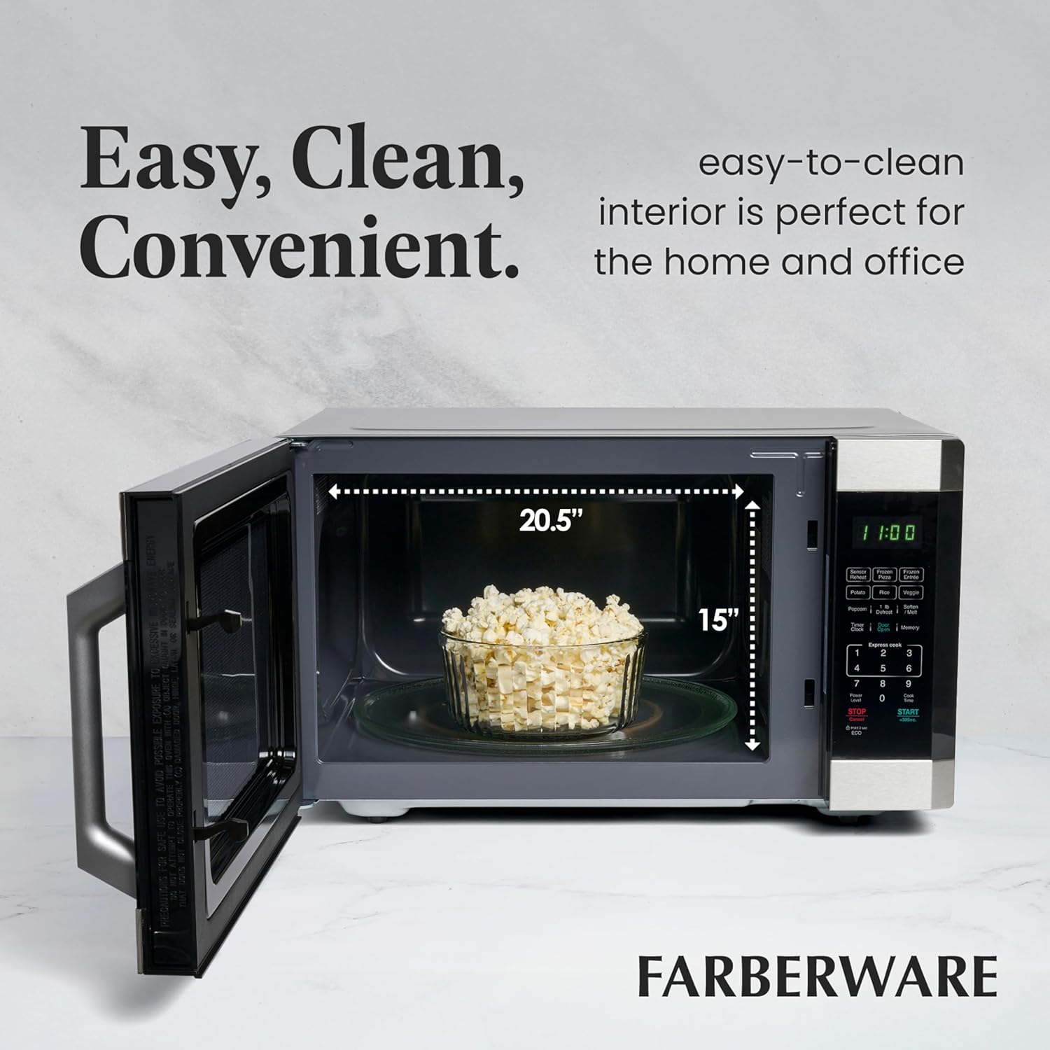Detalle de Farberware 1.6 Cu. Ft. Countertop Microwave Oven — 1100 Watts, Smart Sensor Auto Cook, Defrost, Easy Clean, Child Safety Lock