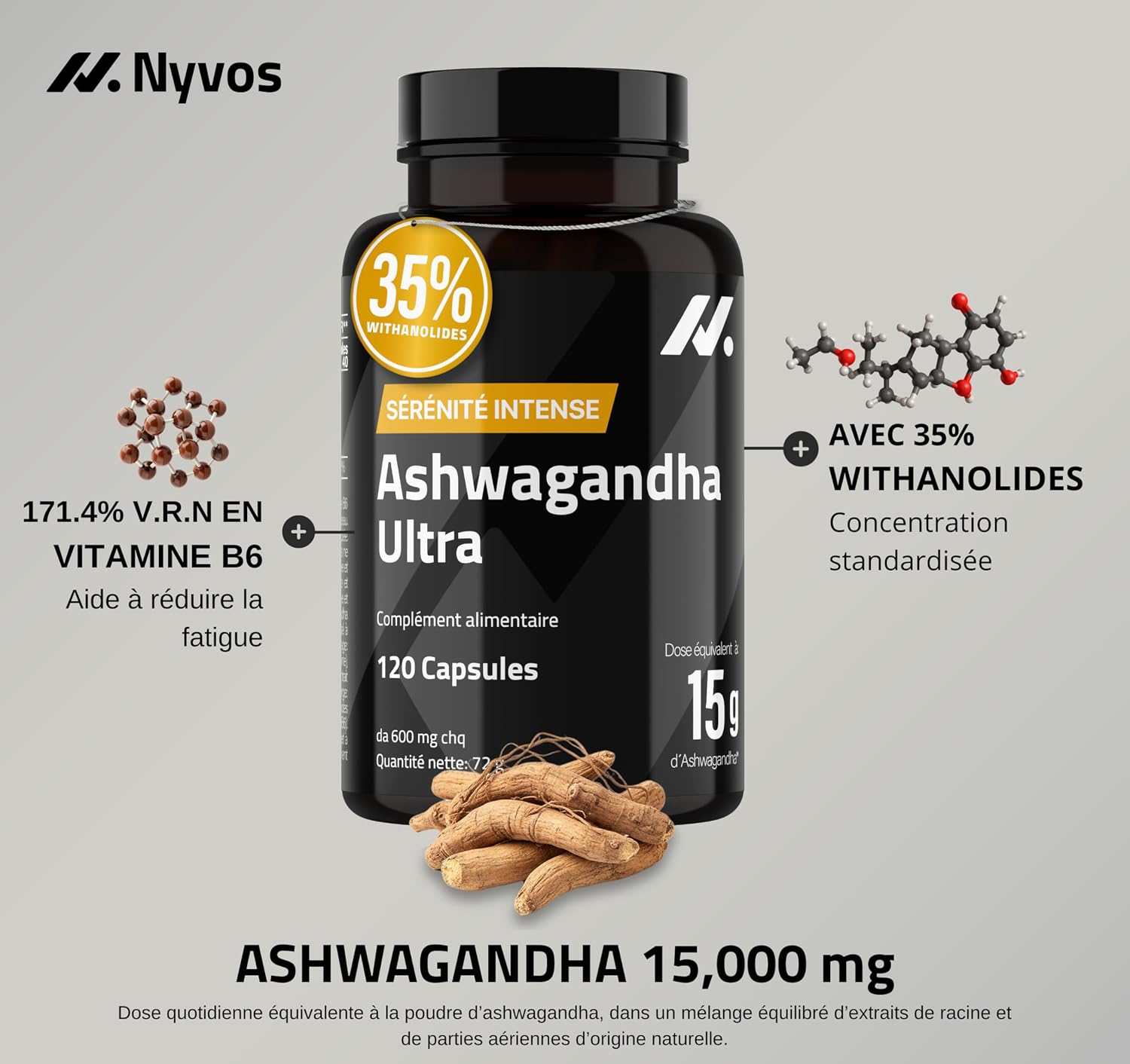 Detalle 1 de Nyvos Ashwagandha Shoden Ultra 35% Withanolides 120 gélules