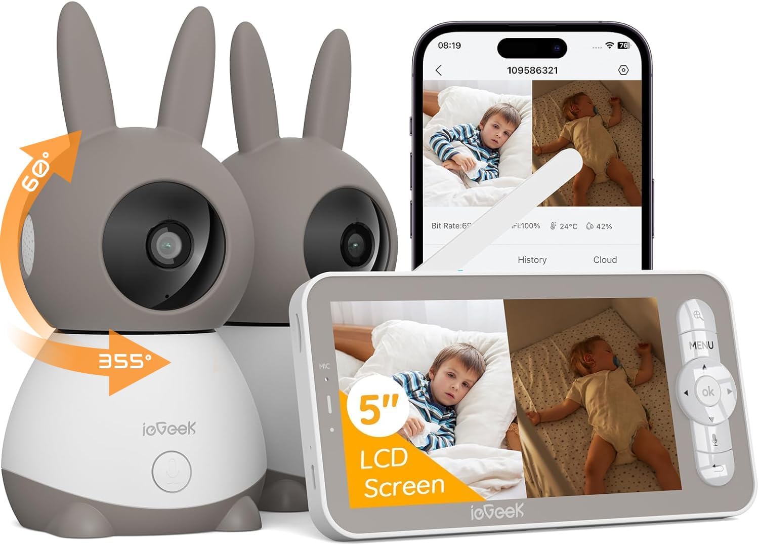 Detalle de ieGeek Baby 1T with 2 Cameras Baby Monitor, 2K Split-Screen, 5-Inch Display
