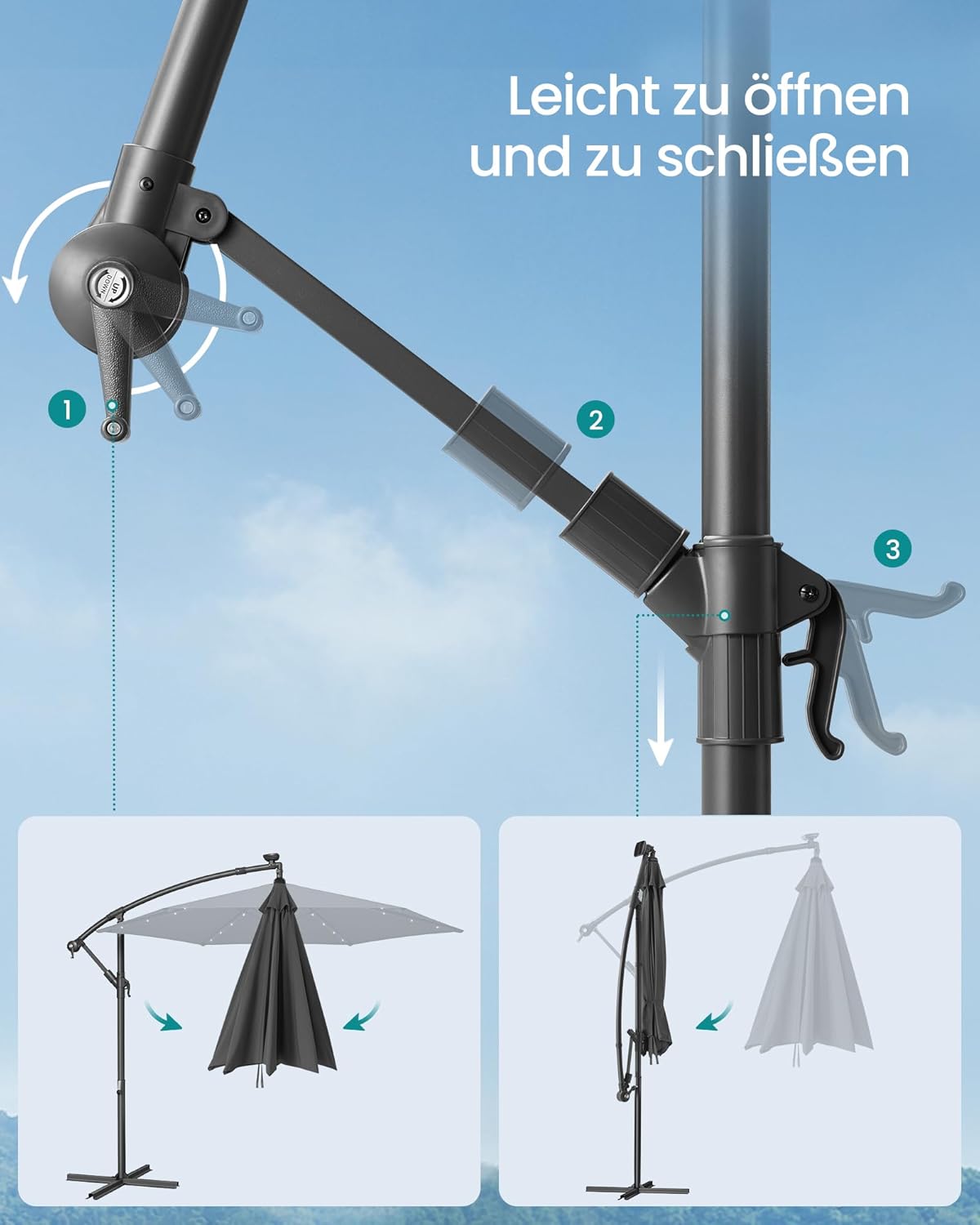 Thumbnail 6 de SONGMICS Ampelschirm mit LED-Solar-Beleuchtung, 300 cm Durchmesser, Grau – GPU118G01