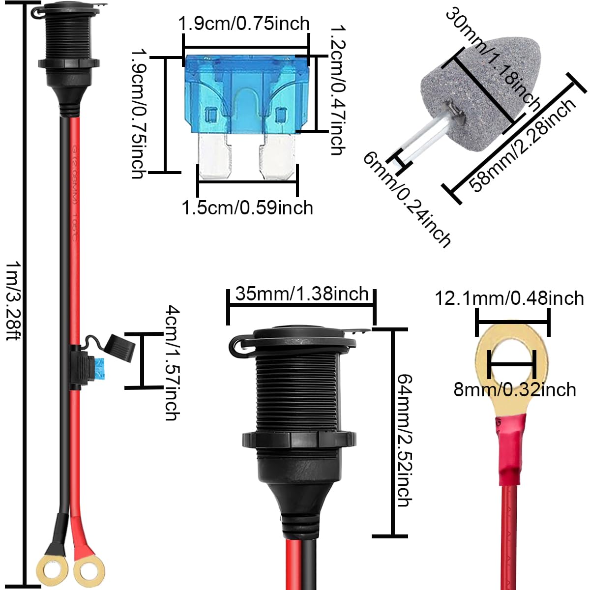 Thumbnail 1 de Xiatiaosann Car Cigarette Lighter Socket to O Ring Terminal Cable with 20A Fuse (12V/24V, 14AWG) for 8mm Eyelet Terminals