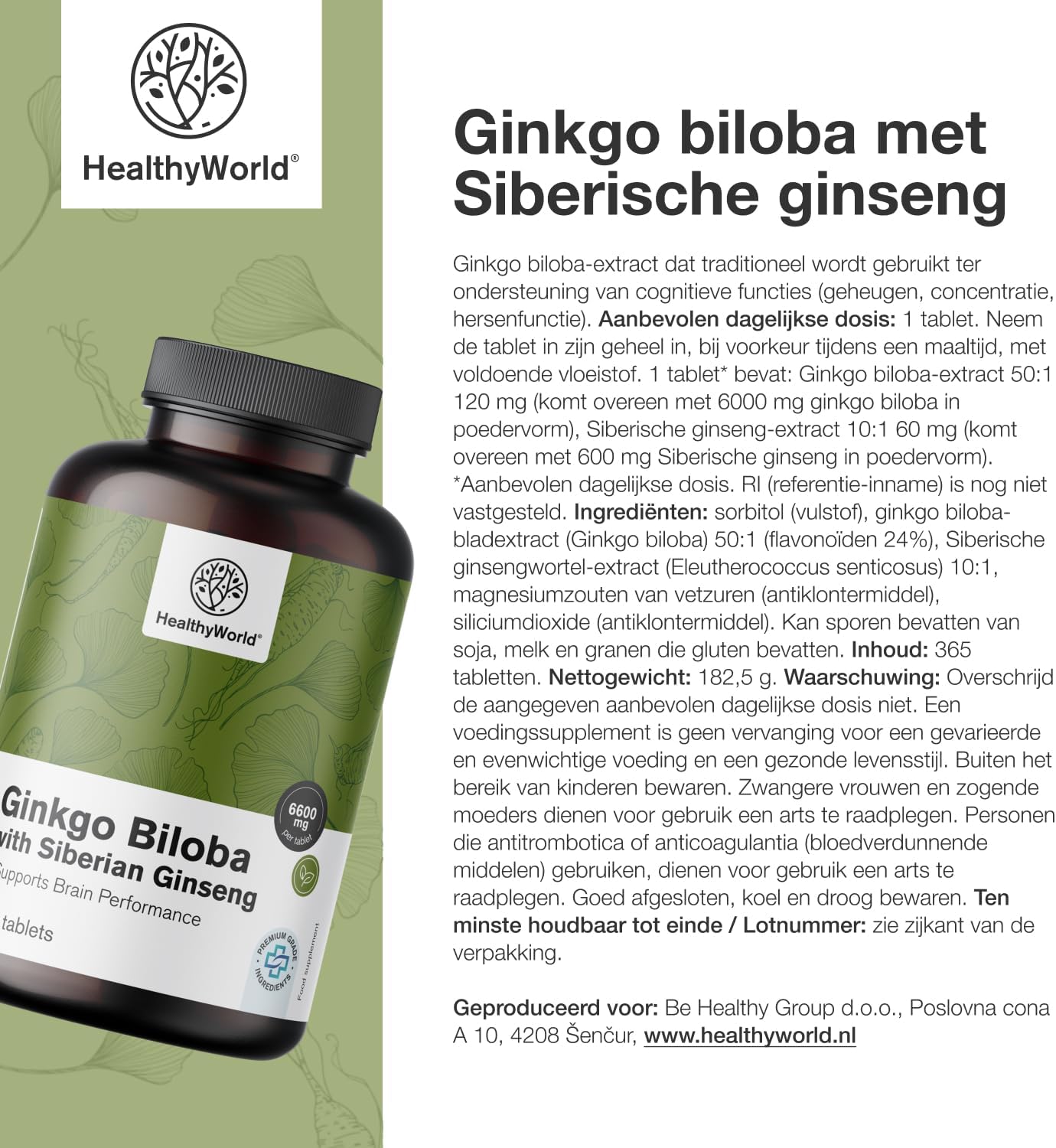Thumbnail 6 de HealthyWorld Ginkgo Biloba met Siberische ginseng 6600 mg, 365 tabletten
