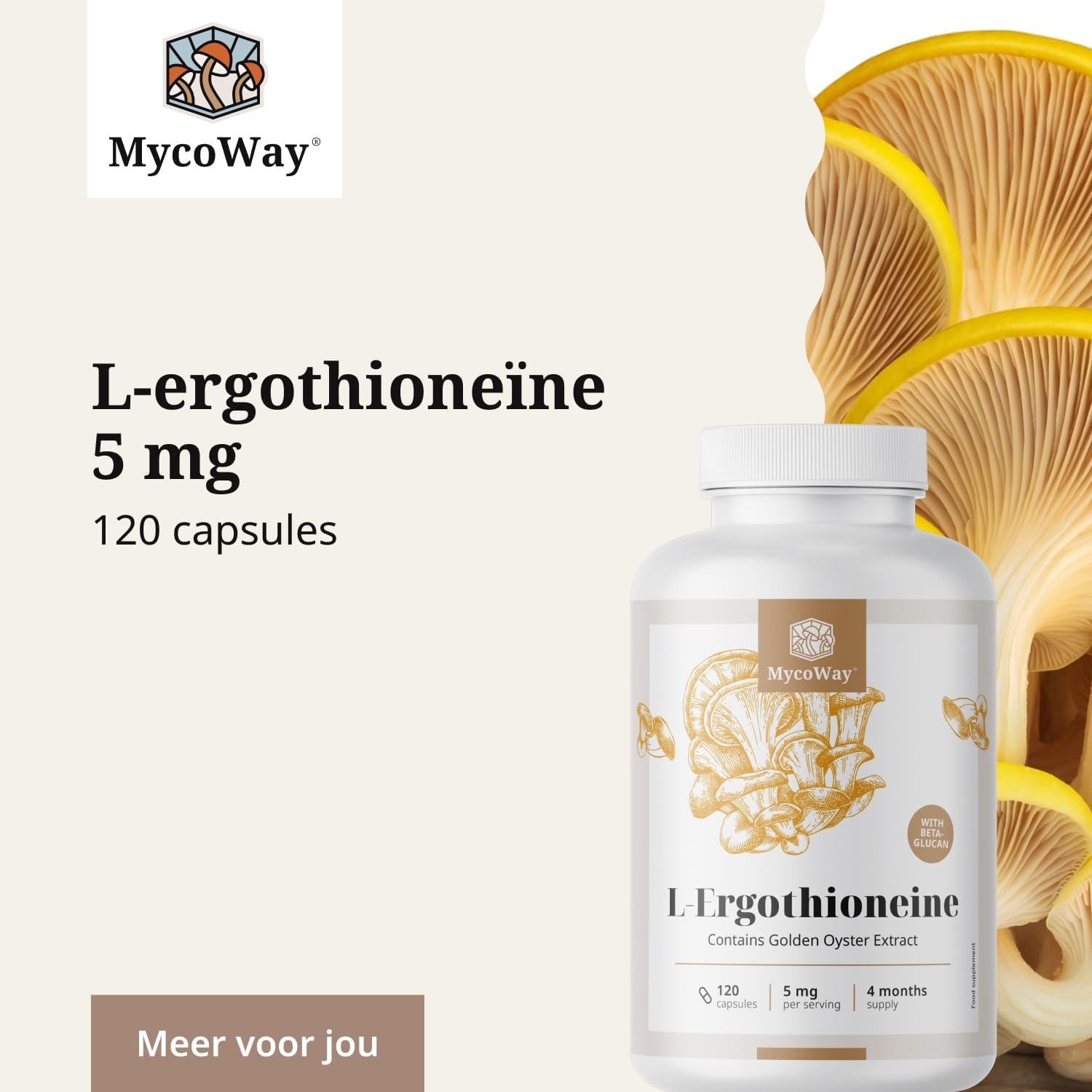 Detalle de MycoWay L-ergothioneïne 5 mg capsules met gele-oesterzwamextract, 120 stuks