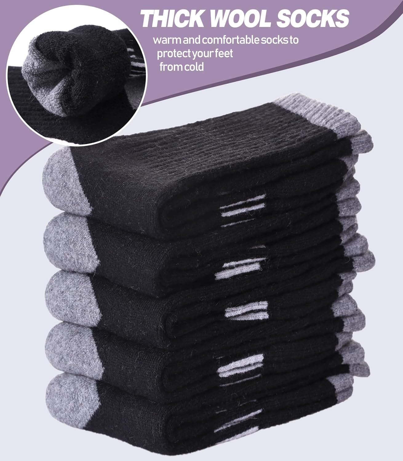 Detalle 2 de DYW Merino Wool Hiking Socks, Cushioned Crew Socks, 5-Pair Pack