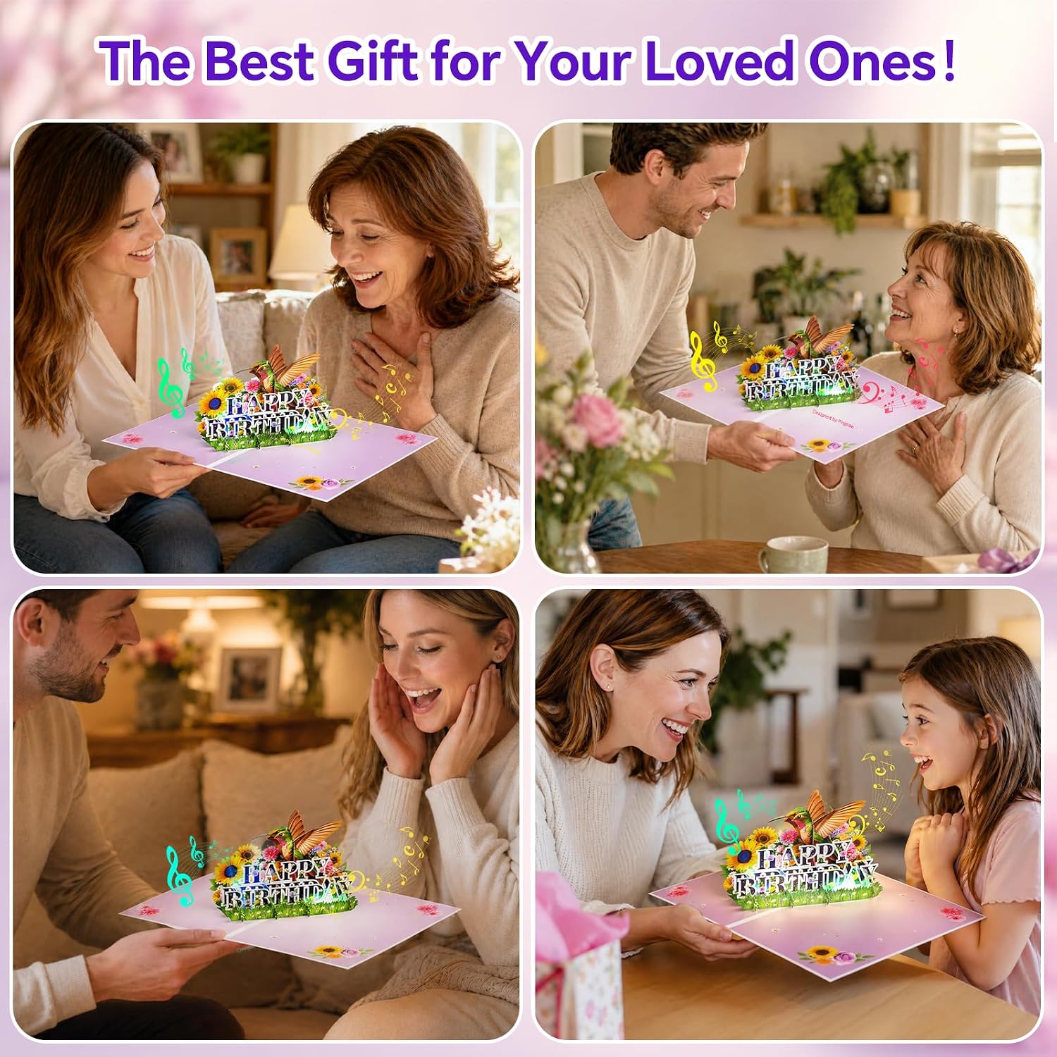 Detalle de Birthday Card: 3D Pop-Up with Music & Light – Hummingbird Flowers