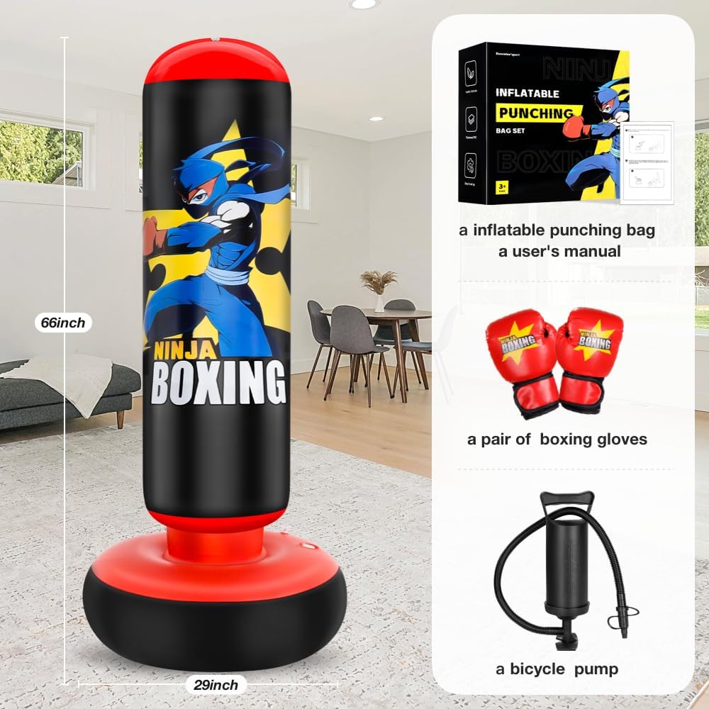 Thumbnail 4 de Punching Bag for Kids – 66 inch Inflatable Boxing Set with Gloves (Ages 5–12)