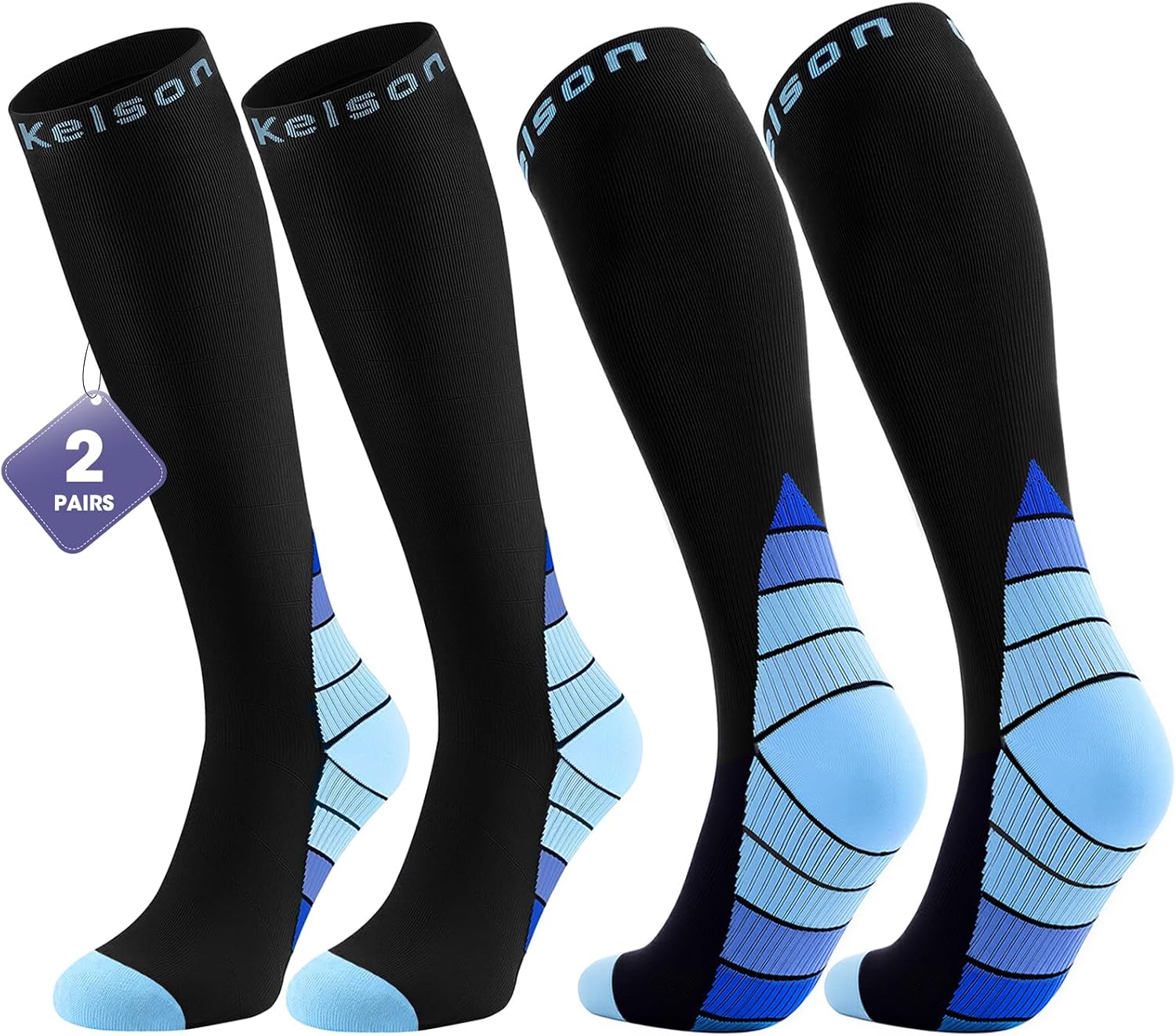 Detalle de Calves Kelson 2 Pairs Compression Socks for Men & Women (20–30 mmHg) – Travel, Running & Recovery