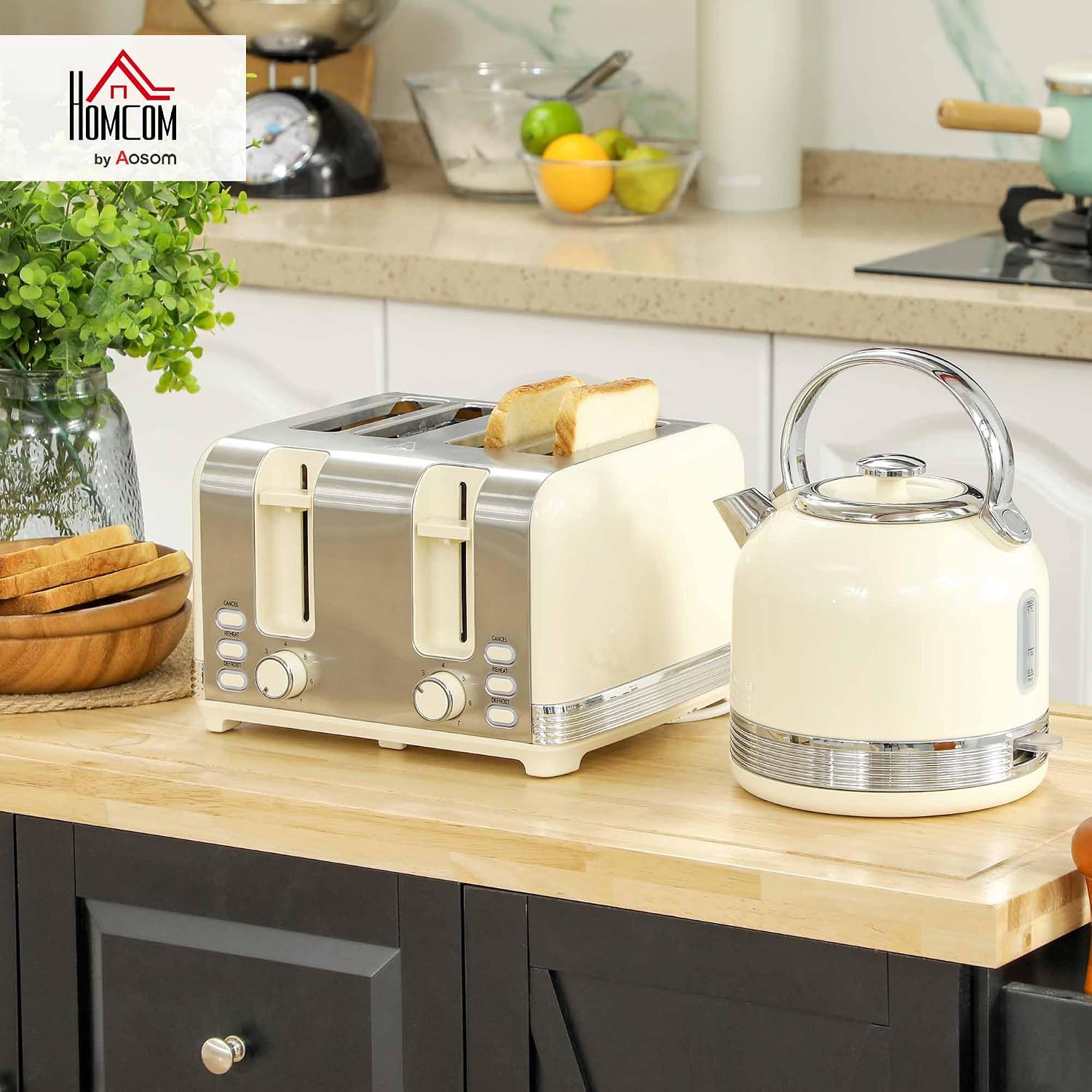 Thumbnail 1 de HOMCOM 800-212V70CW Kettle and 4-Slice Toaster Set, 1.7L, Cream White