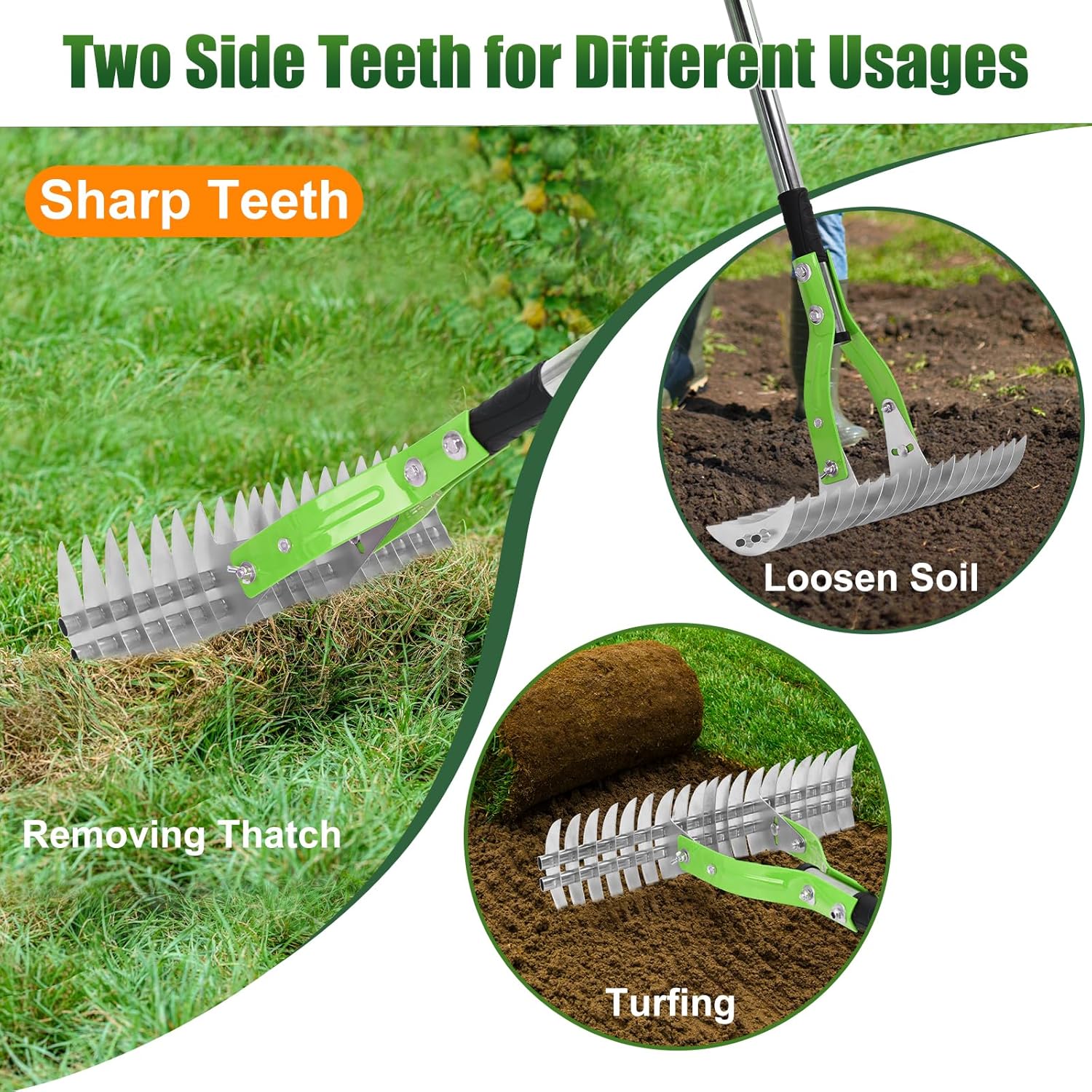 Detalle de Lychee Garden Rake: 15-Inch Thatching Rake with 19-Gallon Bag & Gloves (Green)