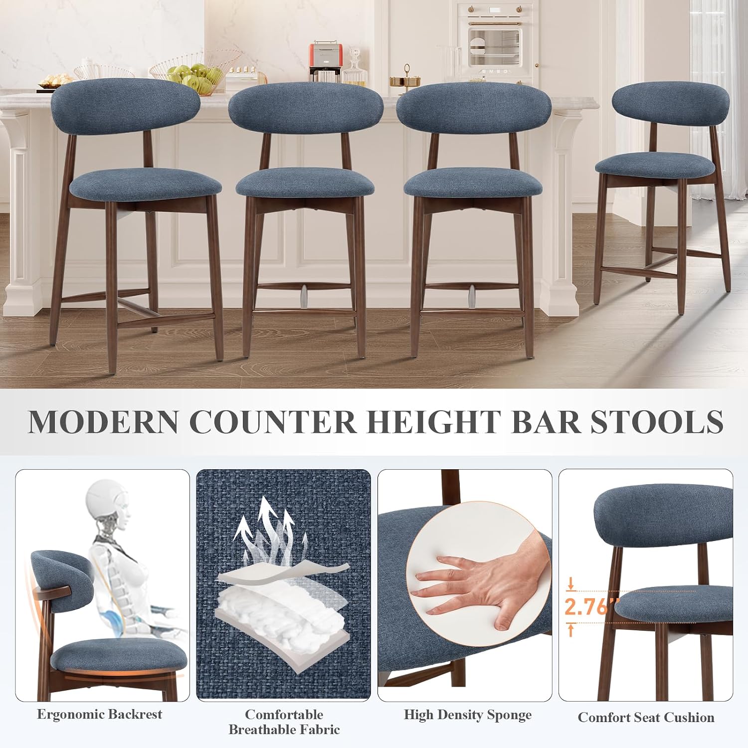 Detalle de COLAMY B6269 Counter-Height Bar Stools, Set of 2, Blue Upholstered Seats