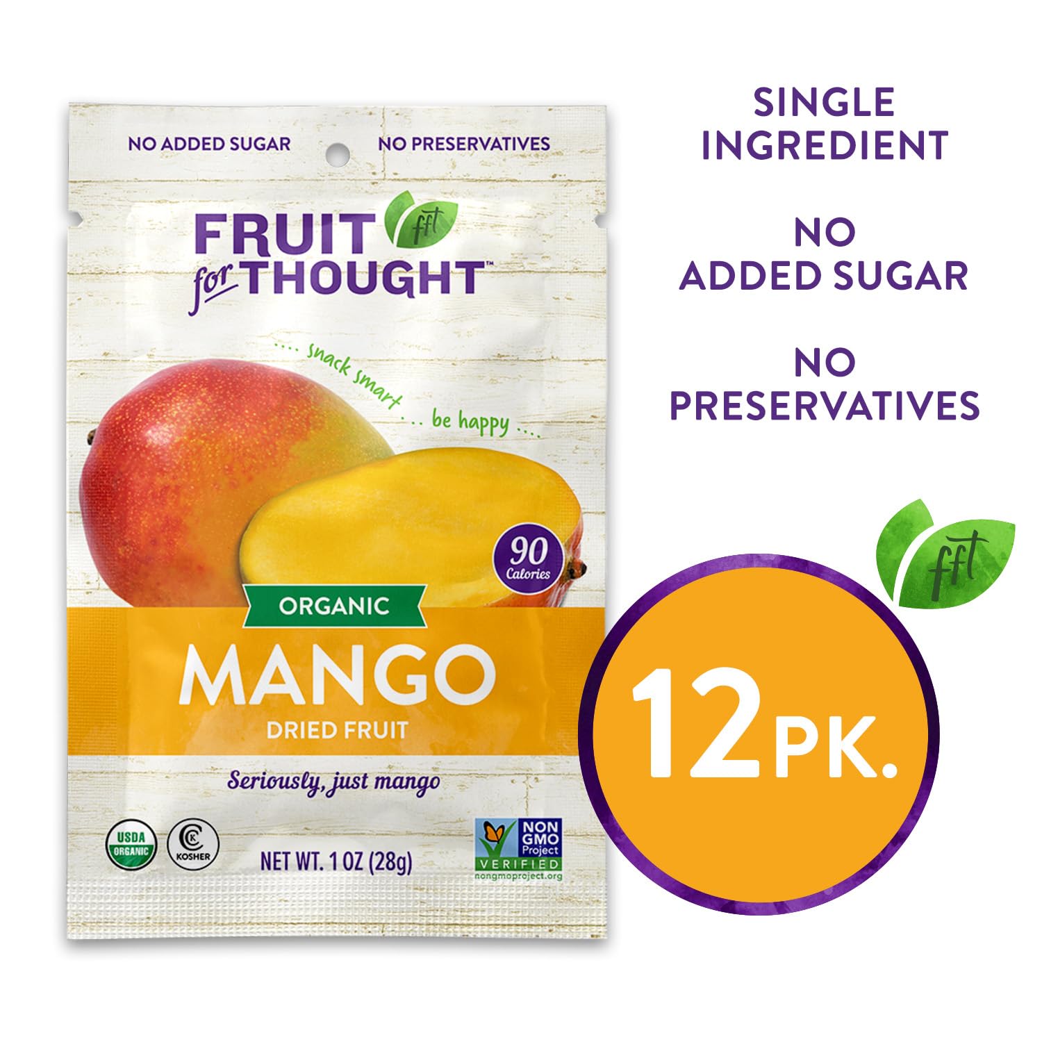 Detalle 2 de Fruit For Thought Organic Dried Mango, No Added Sugar, 1 oz, 12-Count Packs