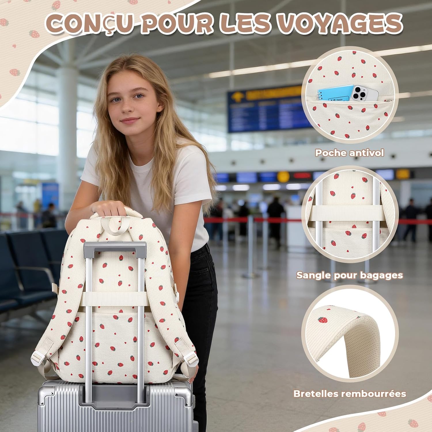 Detalle de Sisipoet Sac à Dos Fille Velours Côtelé Fraise – Cartable Léger pour École et Voyage
