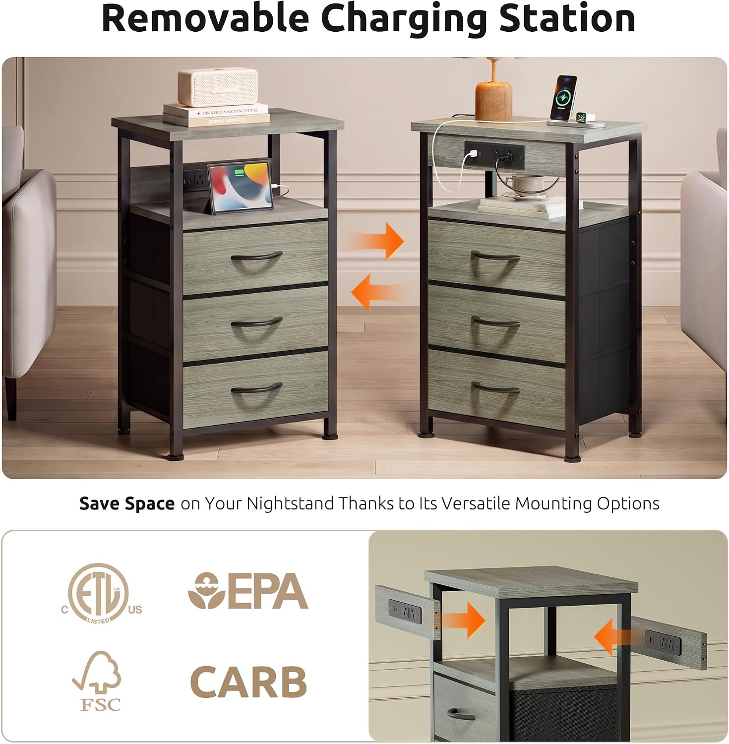 Thumbnail 3 de Lazzanto NightStand Bedside Charging Table with USB-C, USB Ports, and 2 Outlets