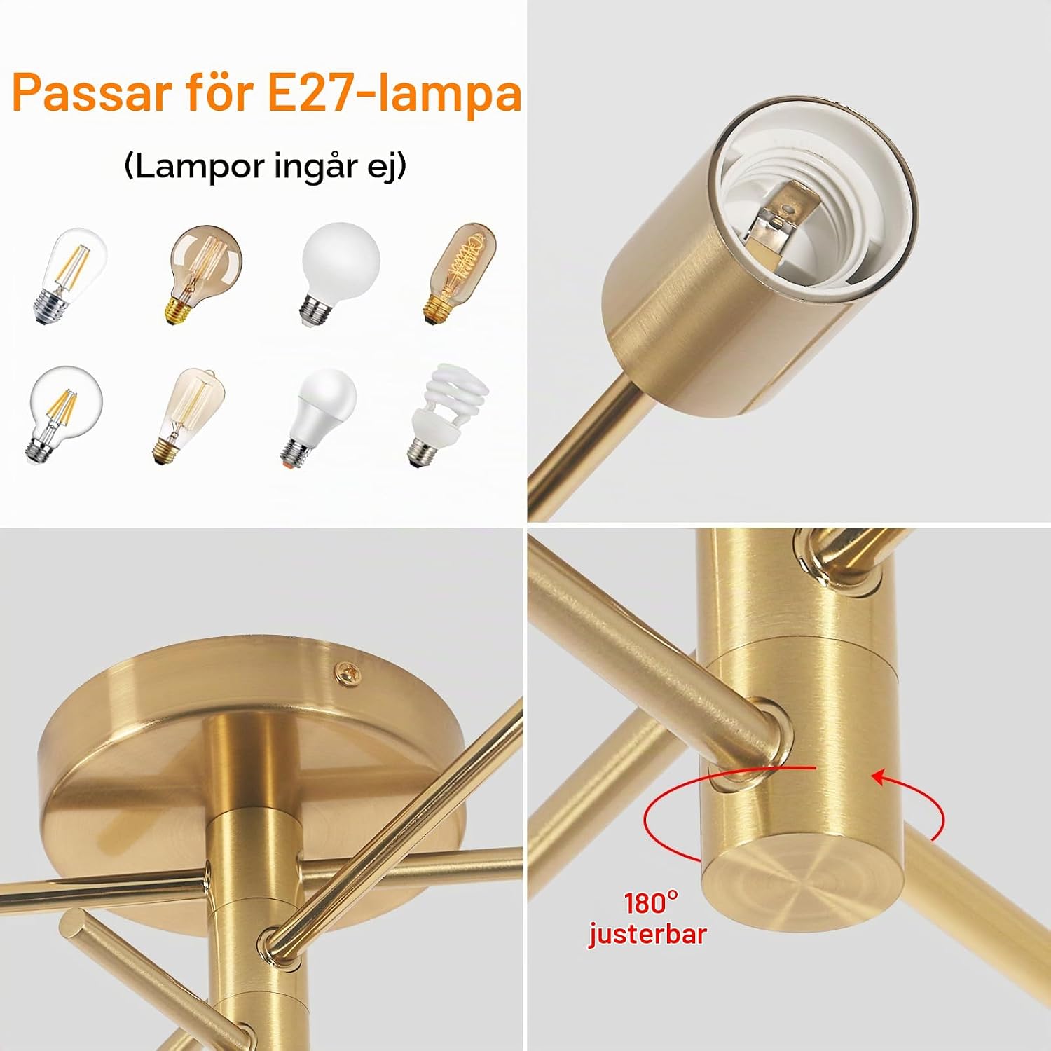 Detalle de Riserva RVDE-52 Sputnik-taklampa i metall, 3 E27-ljuskällor, 180°