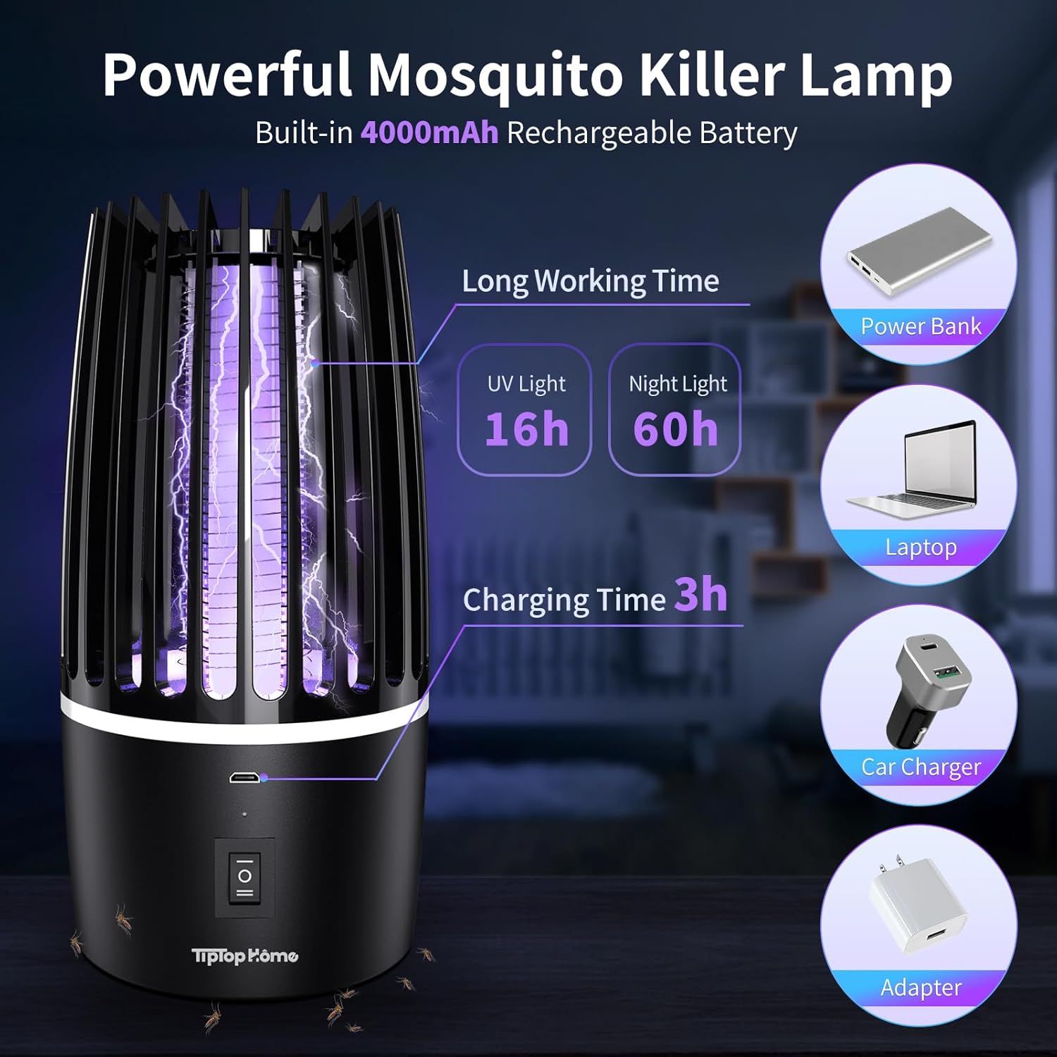 Thumbnail 3 de Electric Fly Catcher Portable Bug Zapper with 365nm UV and Rechargeable 4000mAh Battery