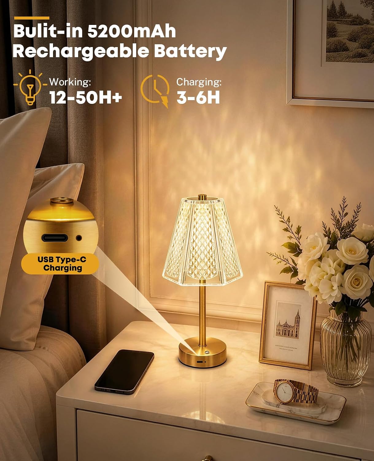Detalle de Rechargeable Table Lamp with 5200mAh Battery — Cordless, Touch Control and 3 Colour Options
