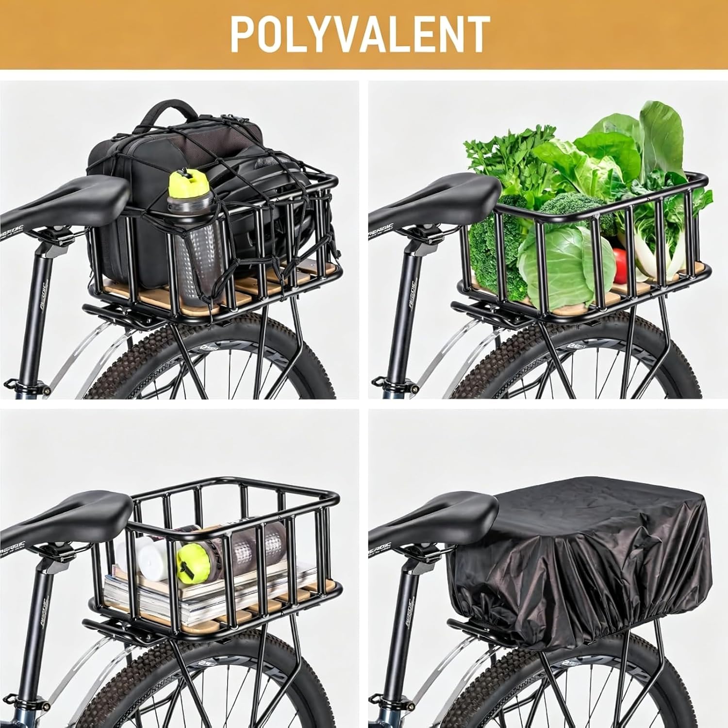 Detalle de CXWXC Panier arrière de vélo grand modèle avec fond en bois, housse imperméable et filet cargo