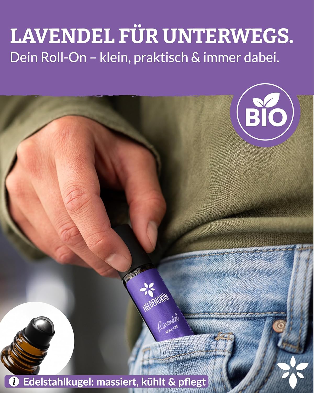 Detalle de Heldengrün BIO Roll-On Lavendel 2-in-1
