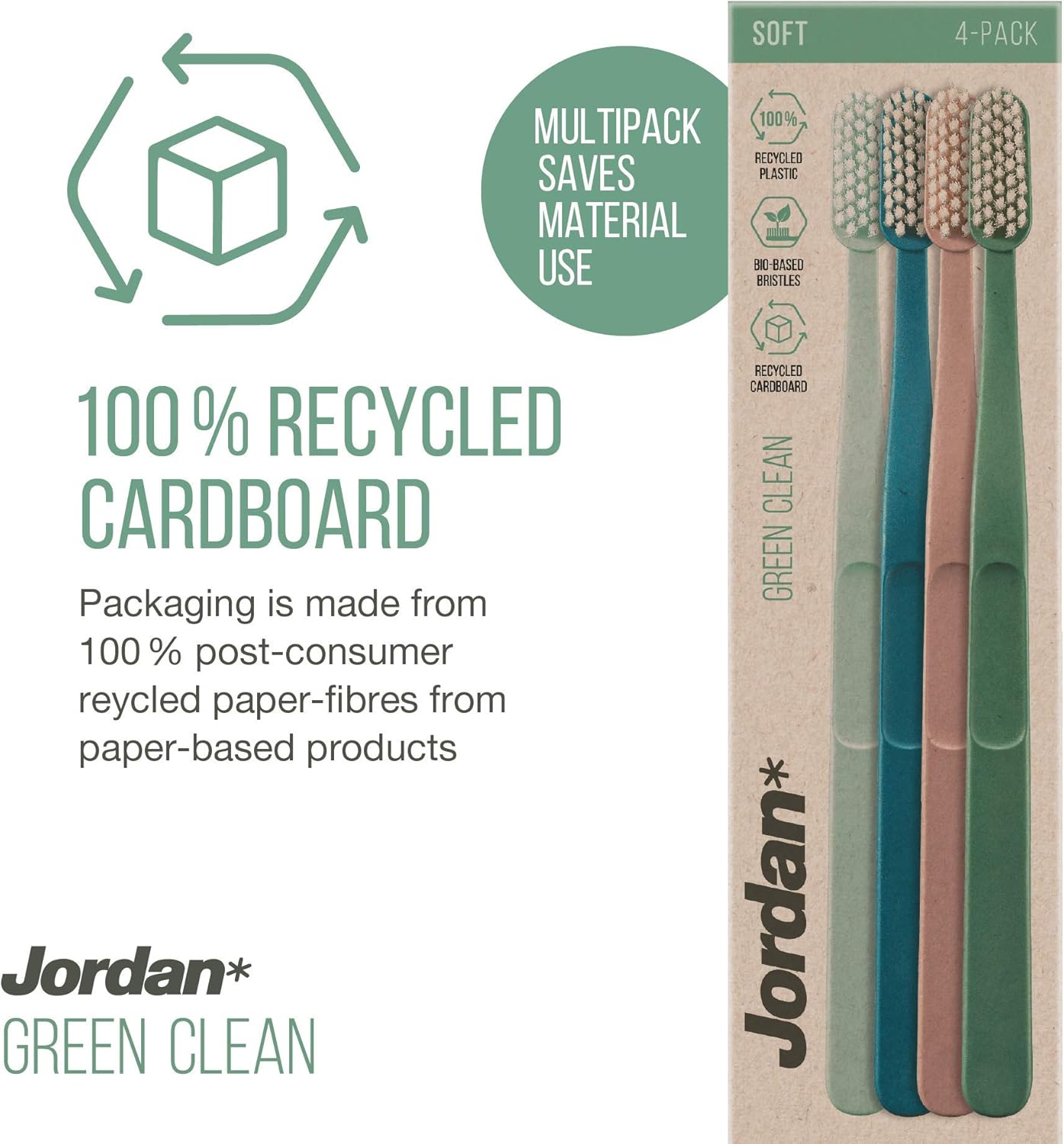 Detalle de Jordan Green Clean Manual Toothbrush (Recycled Handle, Soft Bristles) — 4-Pack