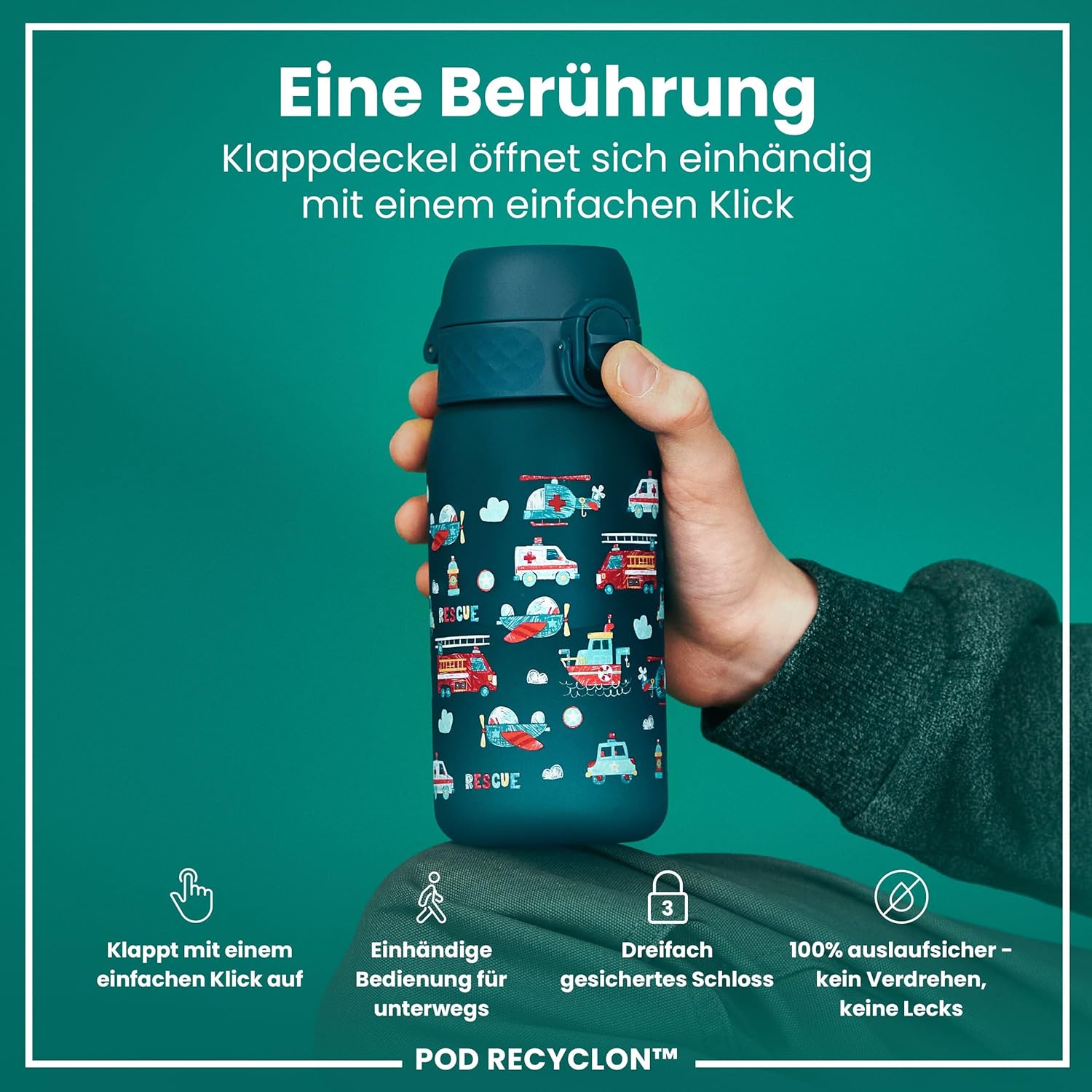 Detalle de Ion8 Kinder-Trinkflasche 350 ml – auslaufsicher, BPA-frei, einhandöffnung, spülmaschinenfest