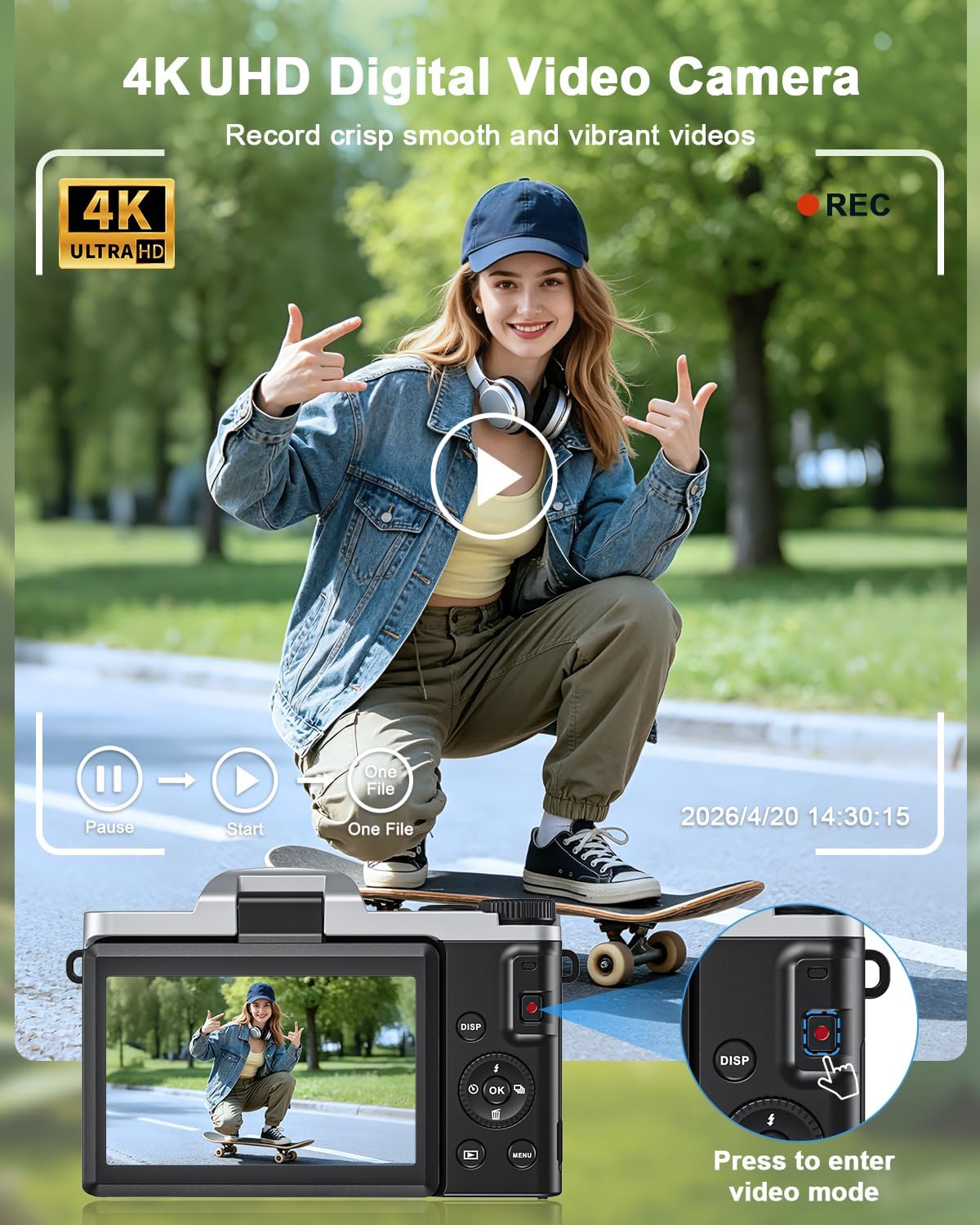 Detalle 2 de 4K Digital Camera with WiFi, 64MP Autofocus Vlogging Camera with 3" Flip Screen – 16X Zoom, Included 32GB Card & 2 Batteries