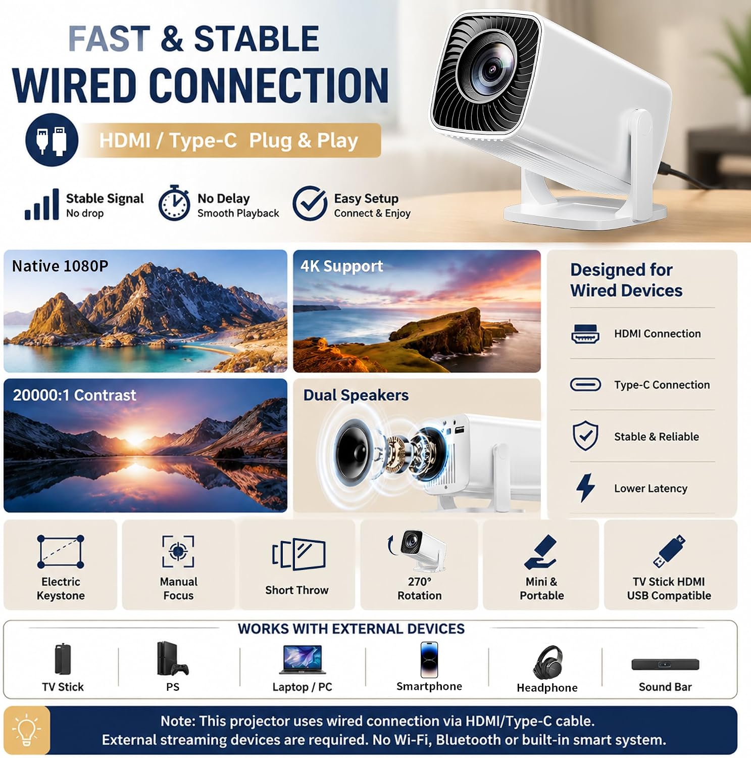 Detalle de Sainyer Mini Projector: Native 1080P, 270° Rotation and Electric Keystone
