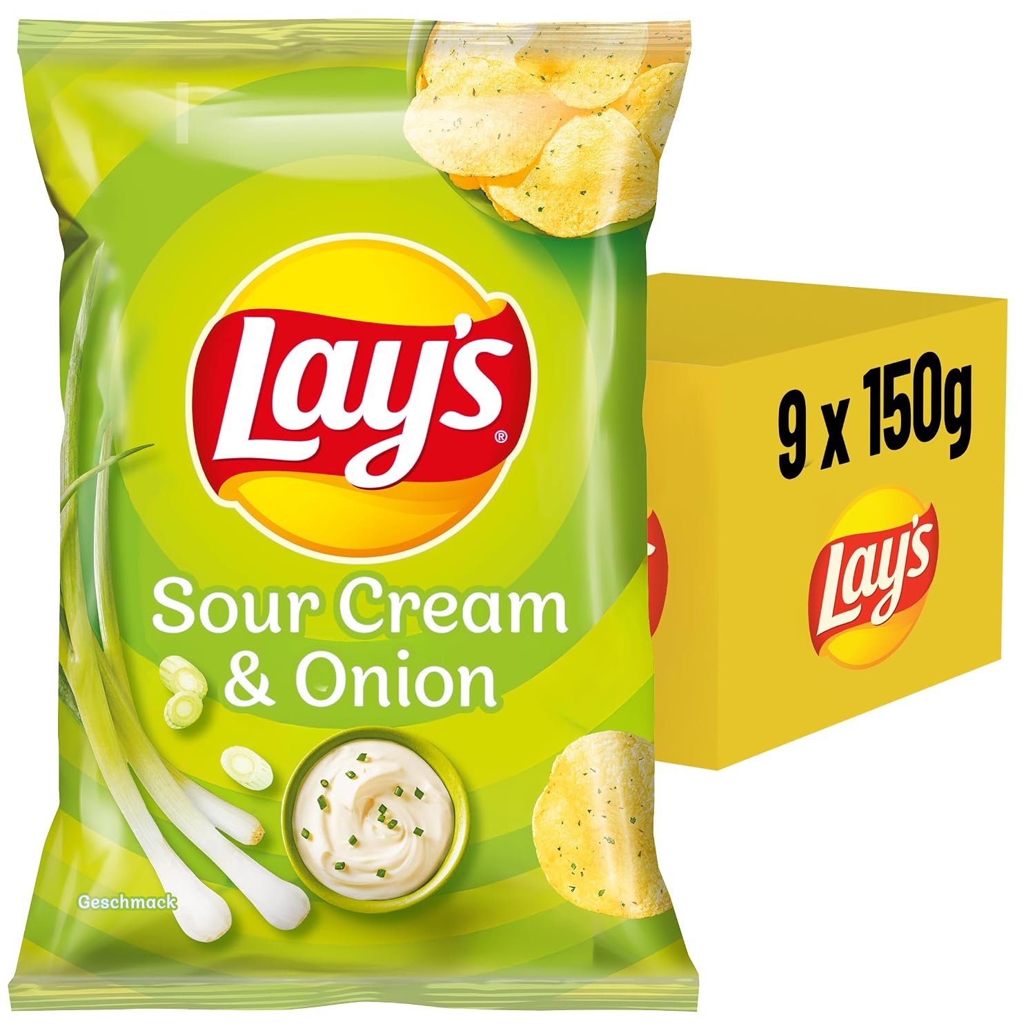 Detalle 2 de Lay's Sour Cream & Onion Kartoffelchips 9×150 g 🥔