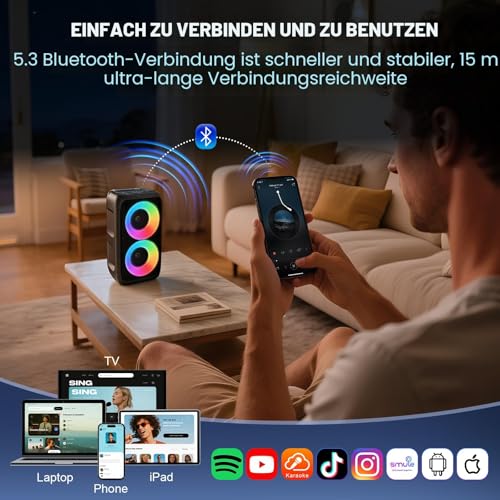 Detalle de HEEBUKE Karaoke Maschine mit 2 kabellosen Mikrofonen – Tragbarer Bluetooth Lautsprecher 2x10W