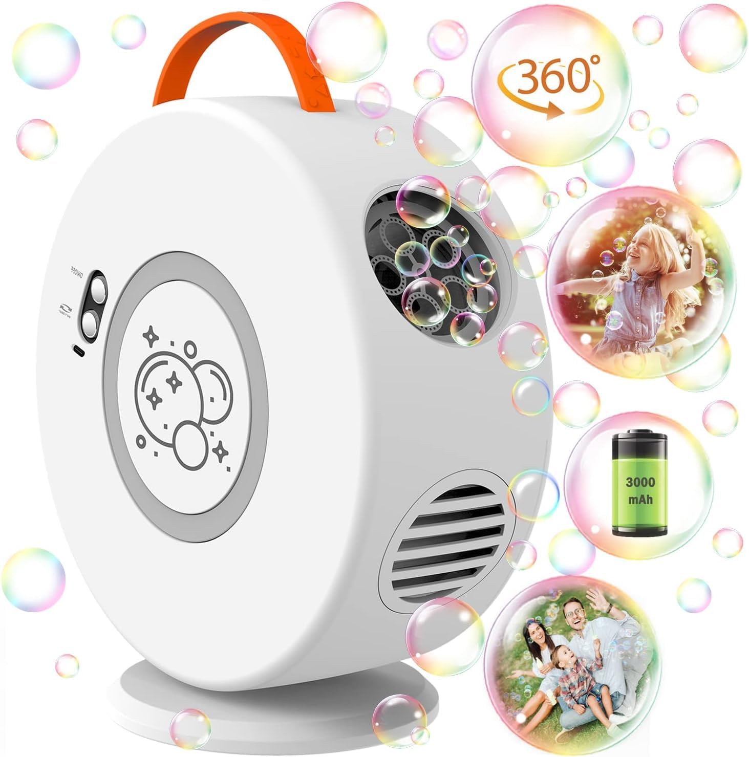 Automatic Bubble Blower for Kids (Rechargeable, 90°/360°) – White