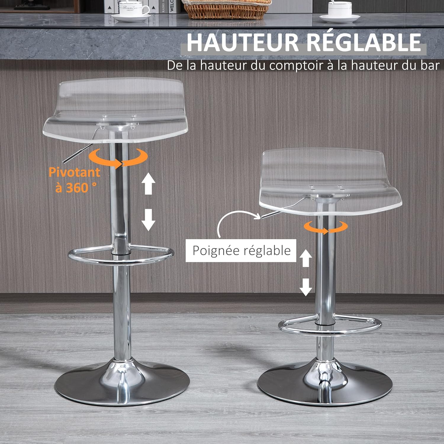 Thumbnail 4 de HOMCOM Lot de 2 tabourets de bar design transparents, assise acrylique pivotante 360° et hauteur réglable