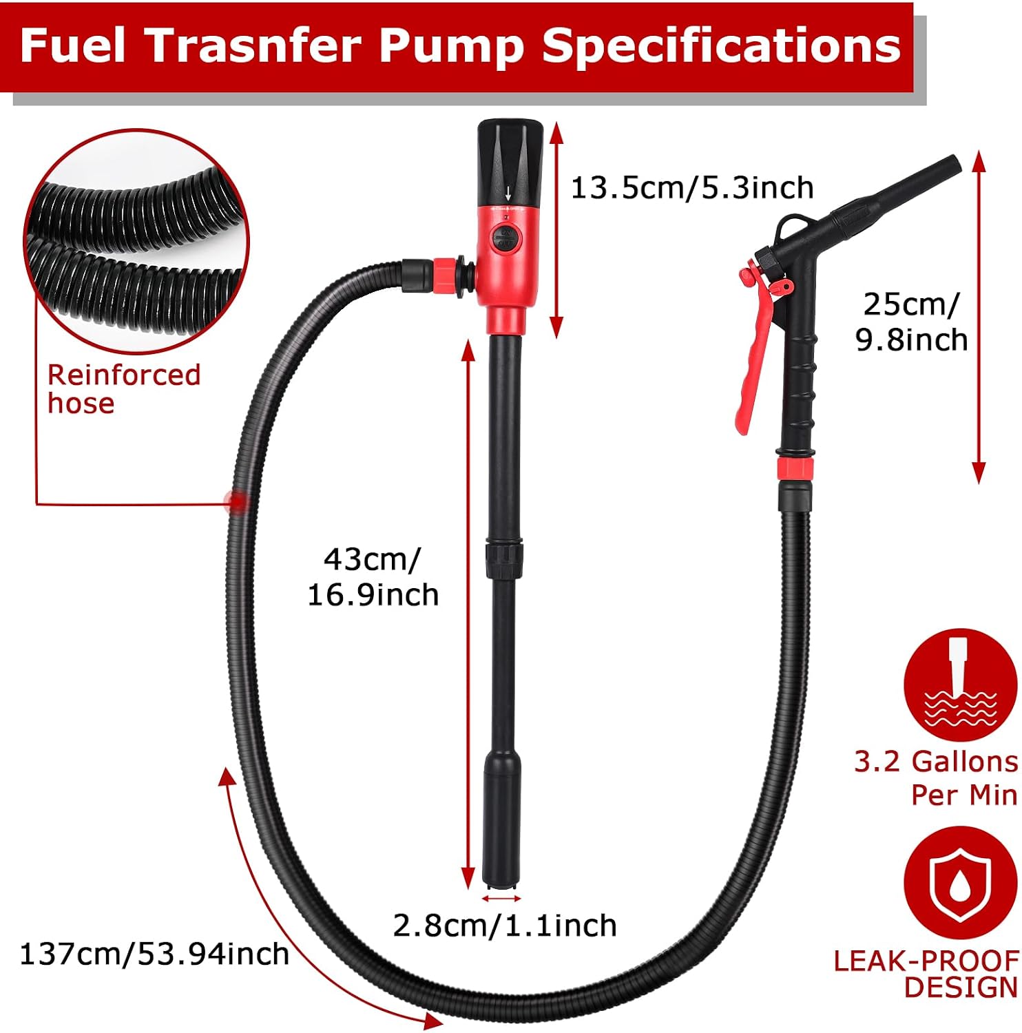 Detalle de innhom 3.2GP Battery Powered Fuel Transfer Pump (12 L/min) with 54" Leak-Proof Hose
